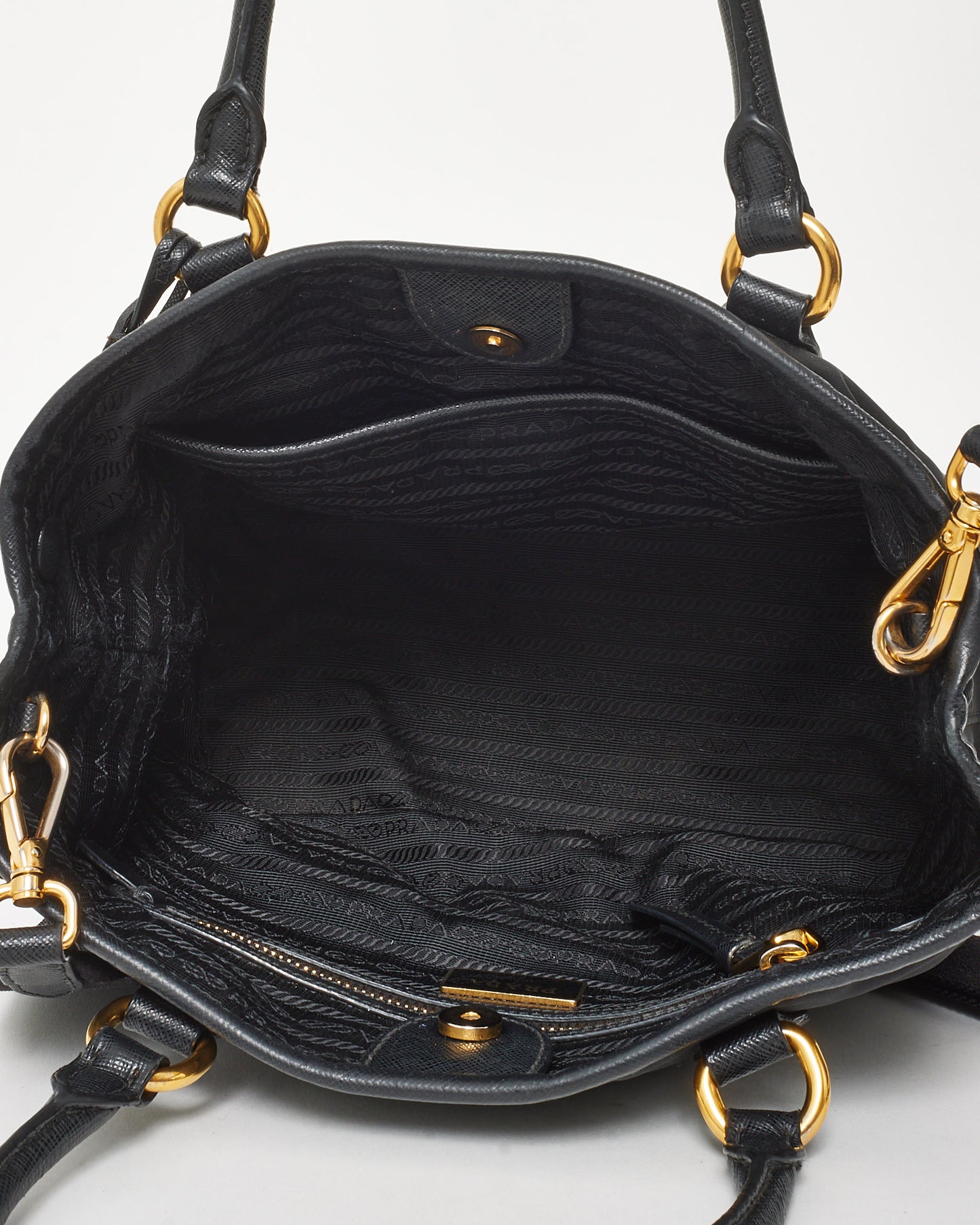Prada Black Saffiano-Trimmed Tessuto Nylon Logo Top Handle 2Way Bag