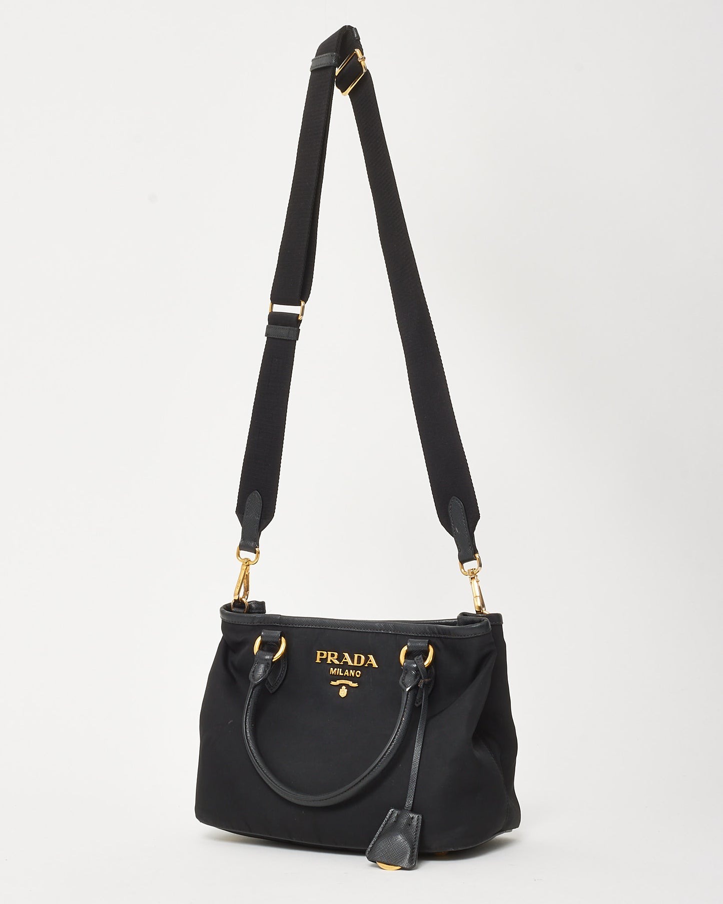 Prada Black Saffiano-Trimmed Tessuto Nylon Logo Top Handle 2Way Bag