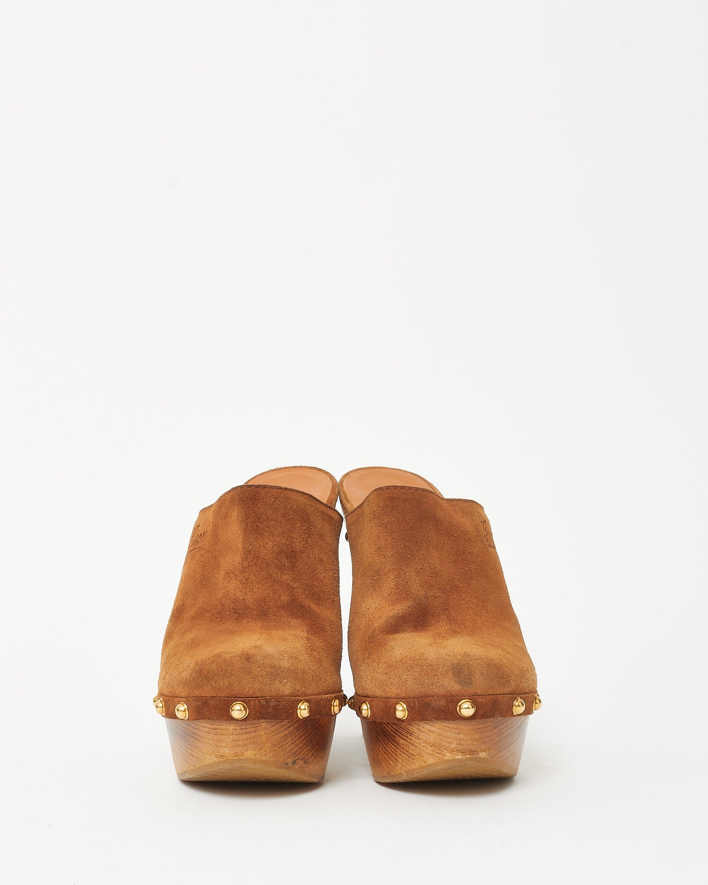 Gucci Tan Suede Studded Joplin Platform Clog Heels - 38