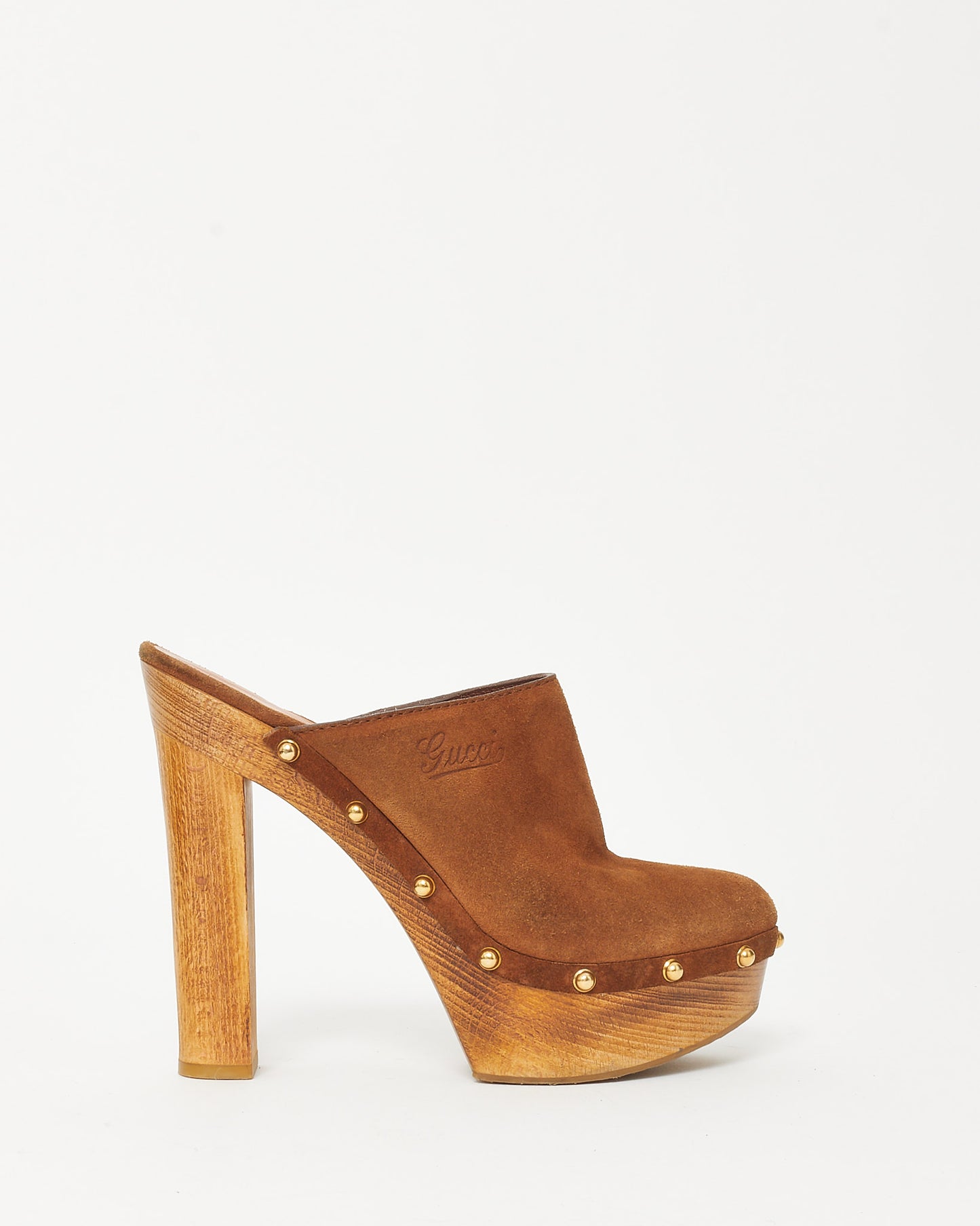 Gucci Tan Suede Studded Joplin Platform Clog Heels - 38