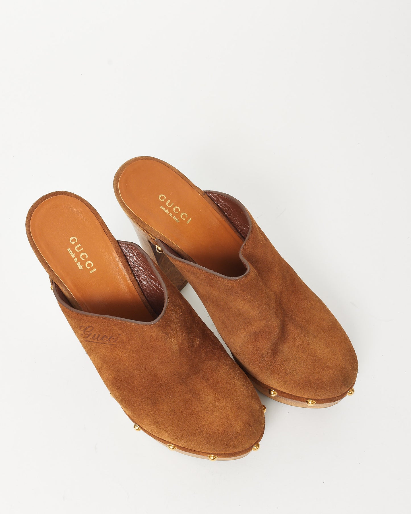 Gucci Tan Suede Studded Joplin Platform Clog Heels - 38