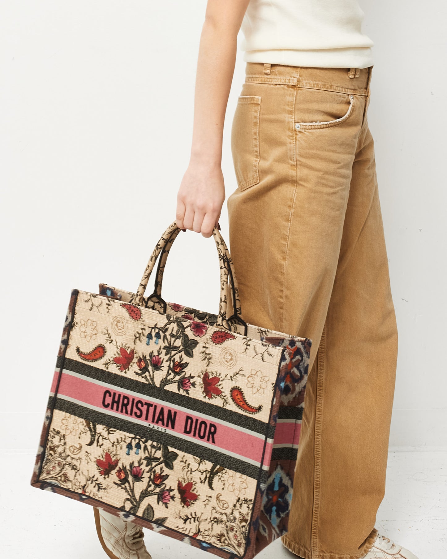 Dior Beige & Multi Broderie Flowers Embroidered Canvas Large Book Tote