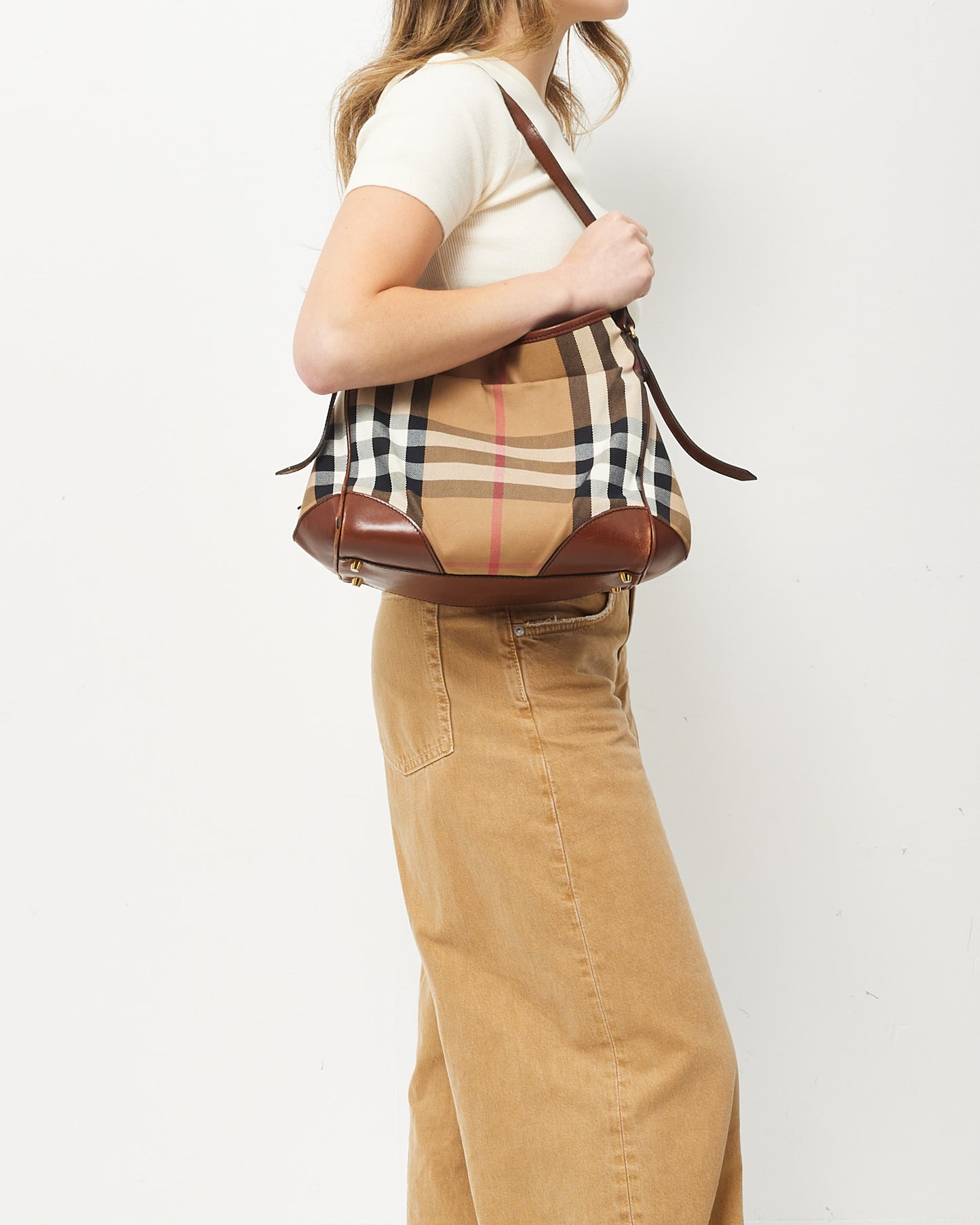 Burberry Brown Leather and Beige House Check Canterbury Shoulder Bag