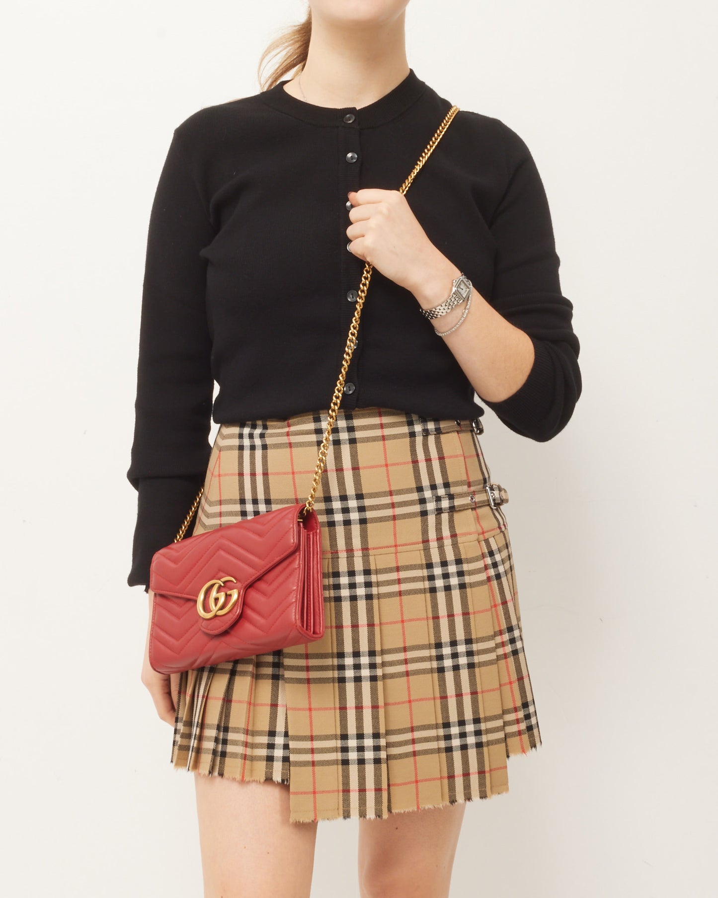 Gucci Red Chevron Leather GG Marmont (WOC) Wallet On Chain Crossbody Bag