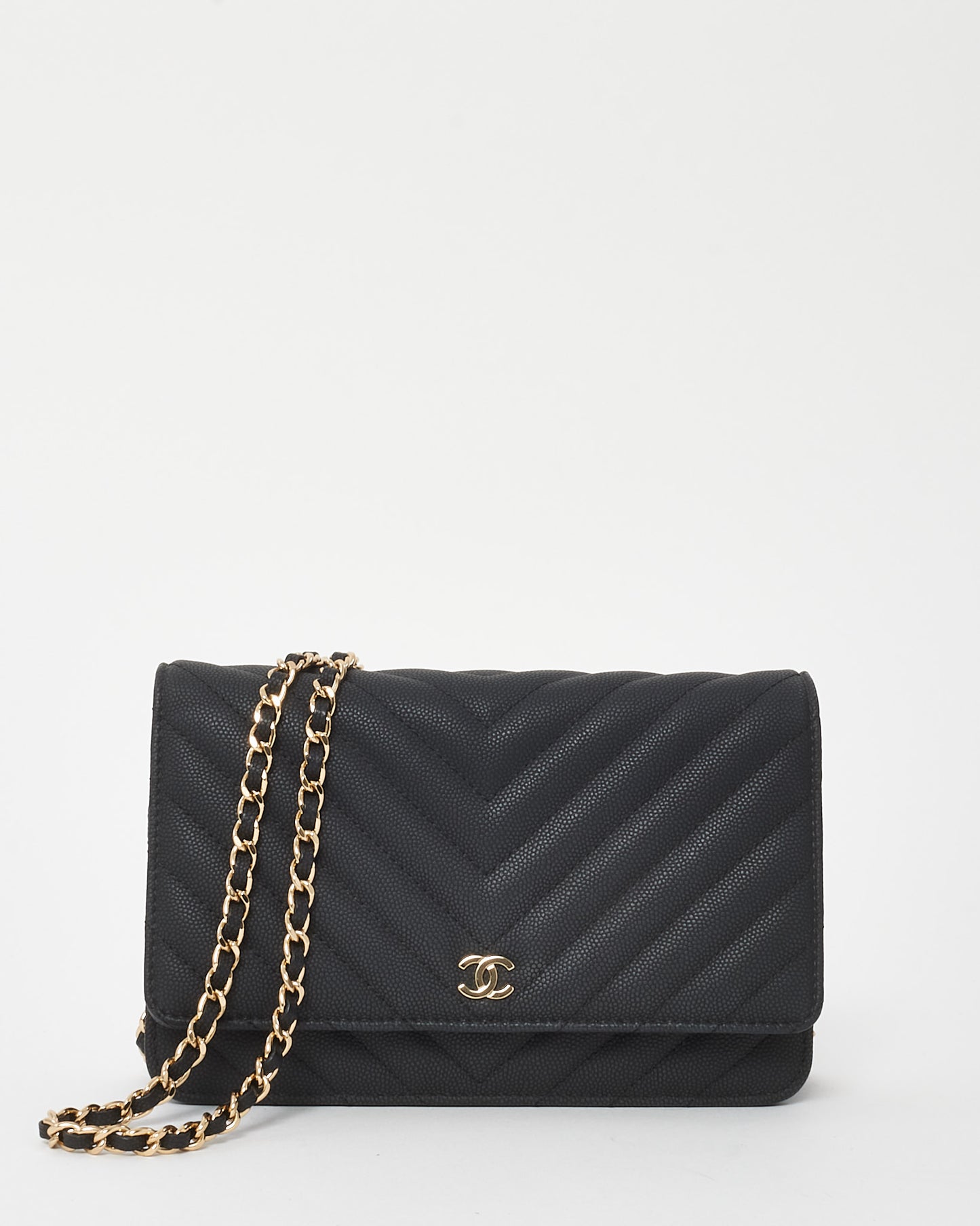 Chanel Black Chevron Caviar Leather WOC Wallet on Chain Crossbody Bag GHW