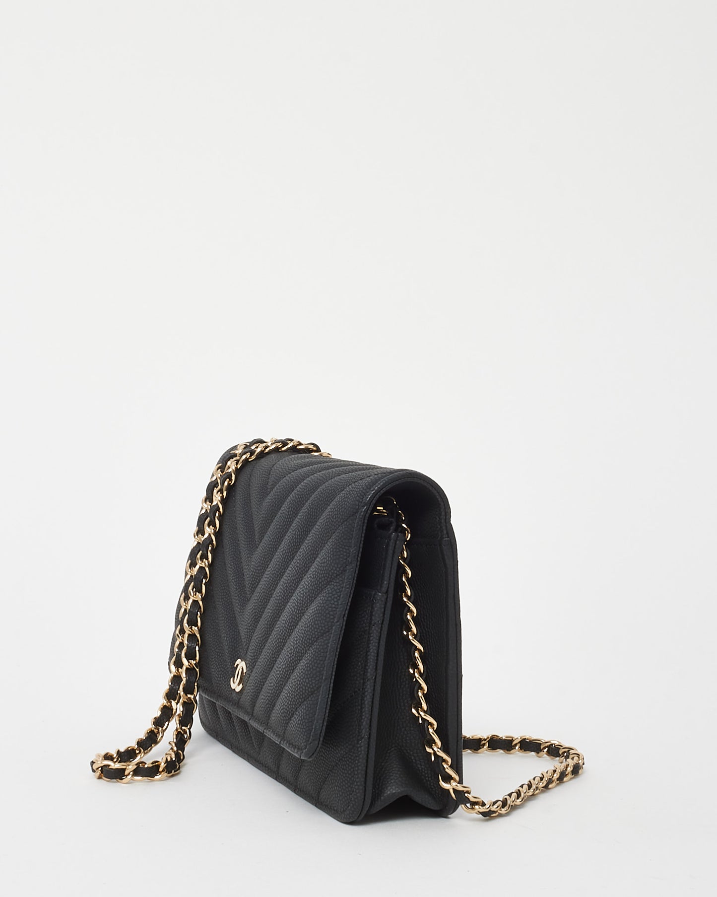 Chanel Black Chevron Caviar Leather WOC Wallet on Chain Crossbody Bag GHW