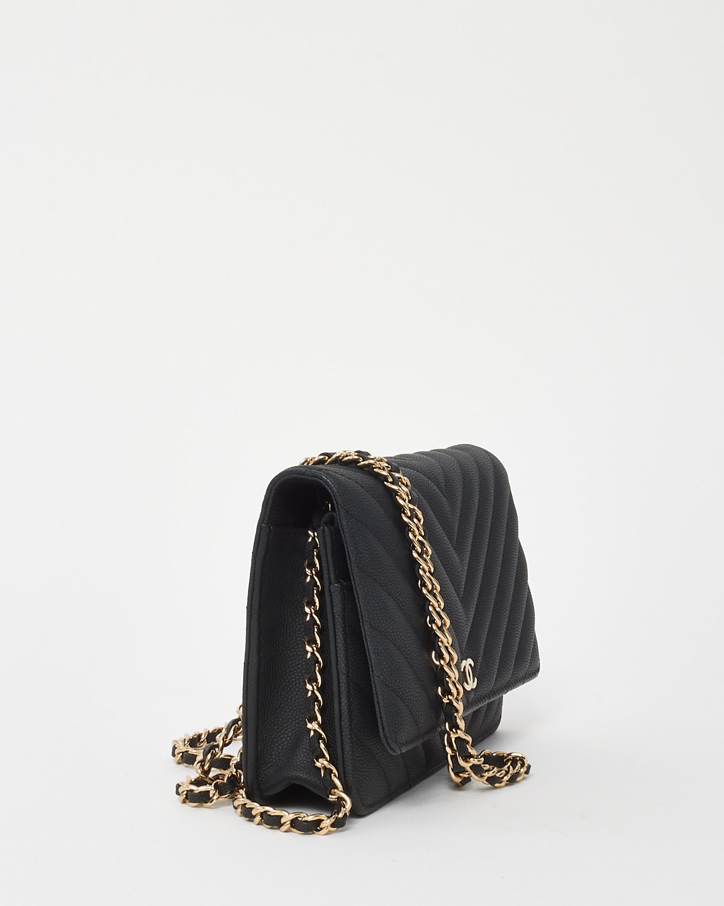 Chanel Black Chevron Caviar Leather WOC Wallet on Chain Crossbody Bag GHW