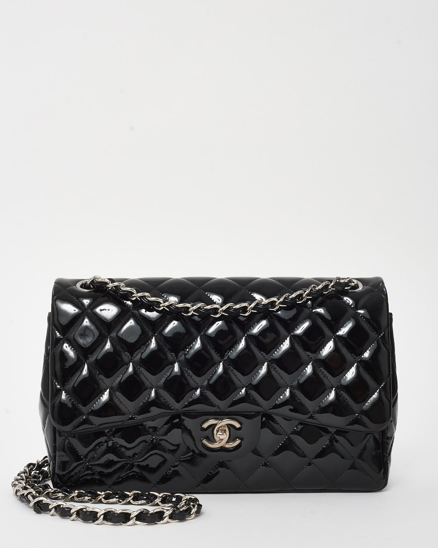 Chanel Black Quilted Patent Leather Jumbo Double Flap Bag SHW