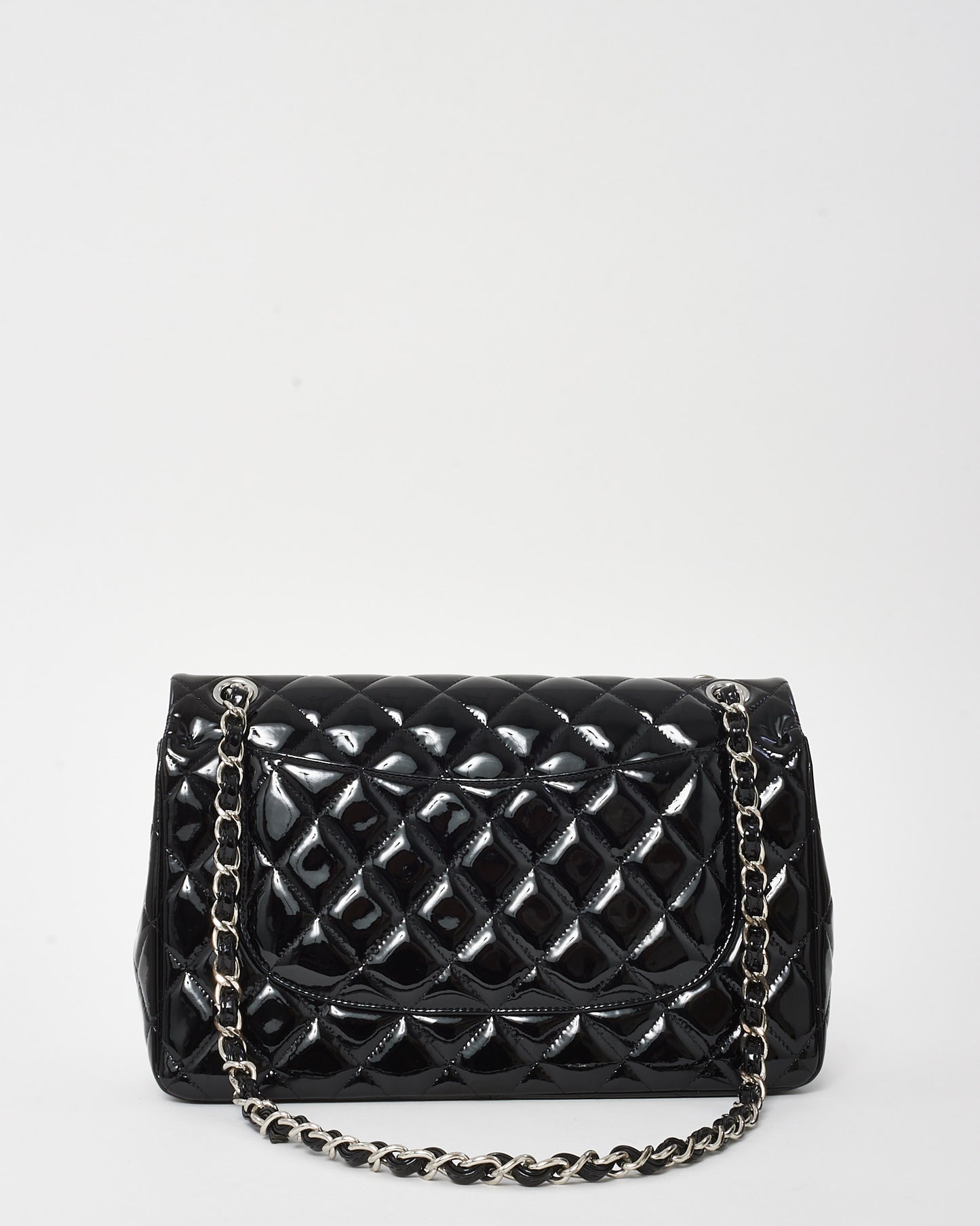 Chanel Black Quilted Patent Leather Jumbo Double Flap Bag SHW