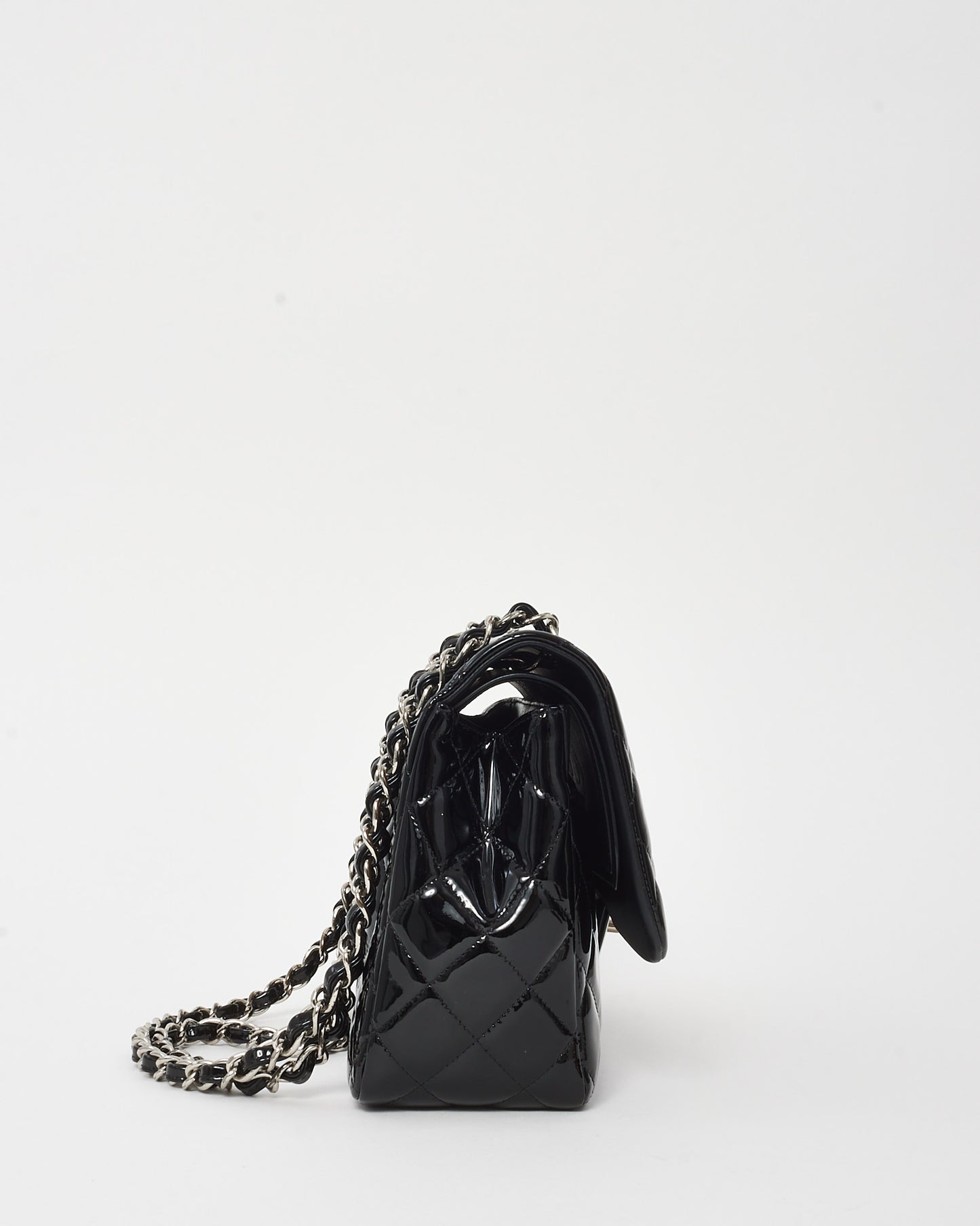 Chanel Black Quilted Patent Leather Jumbo Double Flap Bag SHW