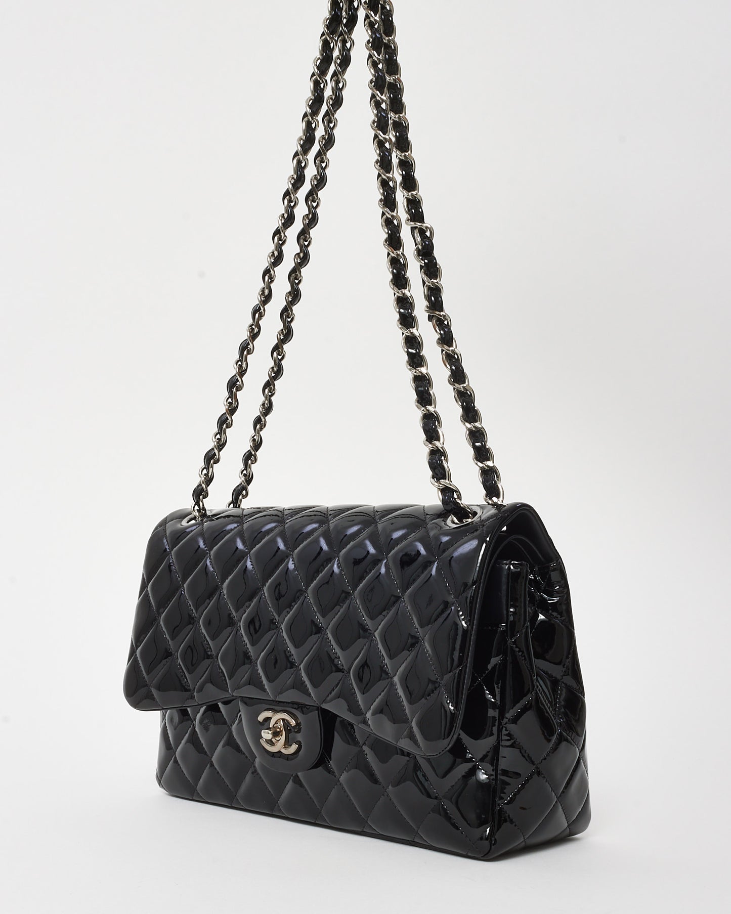 Chanel Black Quilted Patent Leather Jumbo Double Flap Bag SHW