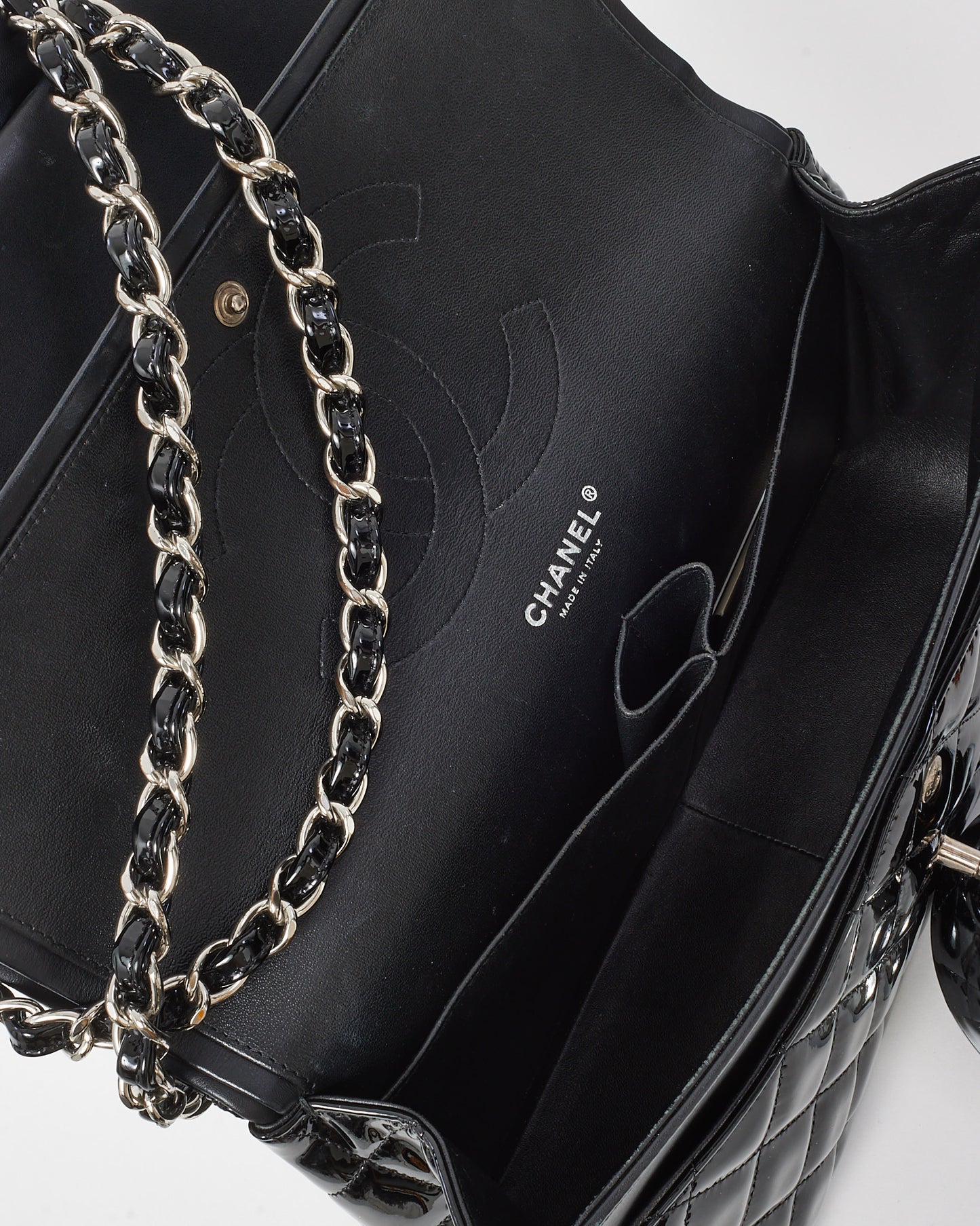 Chanel Black Quilted Patent Leather Jumbo Double Flap Bag SHW