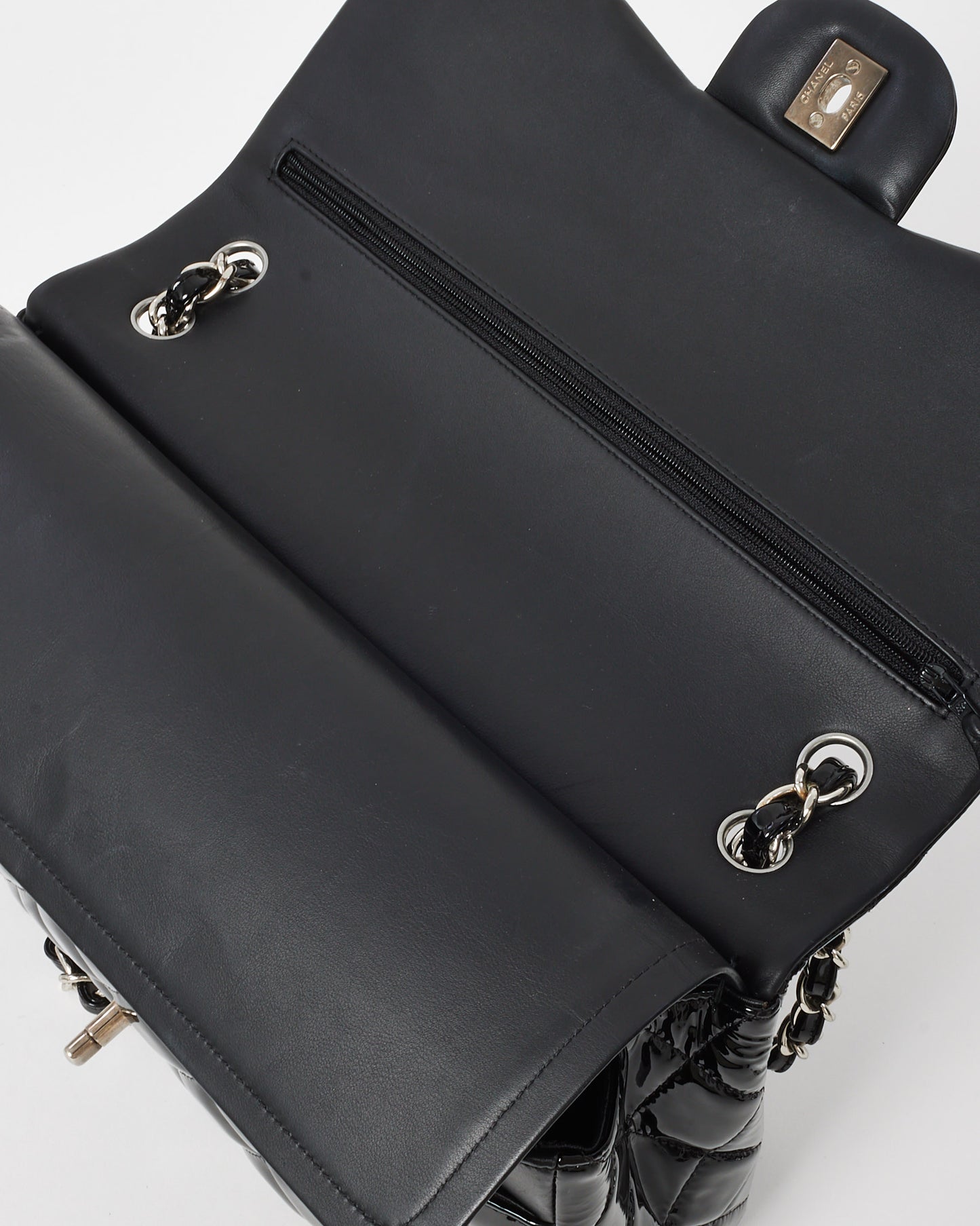 Chanel Black Quilted Patent Leather Jumbo Double Flap Bag SHW