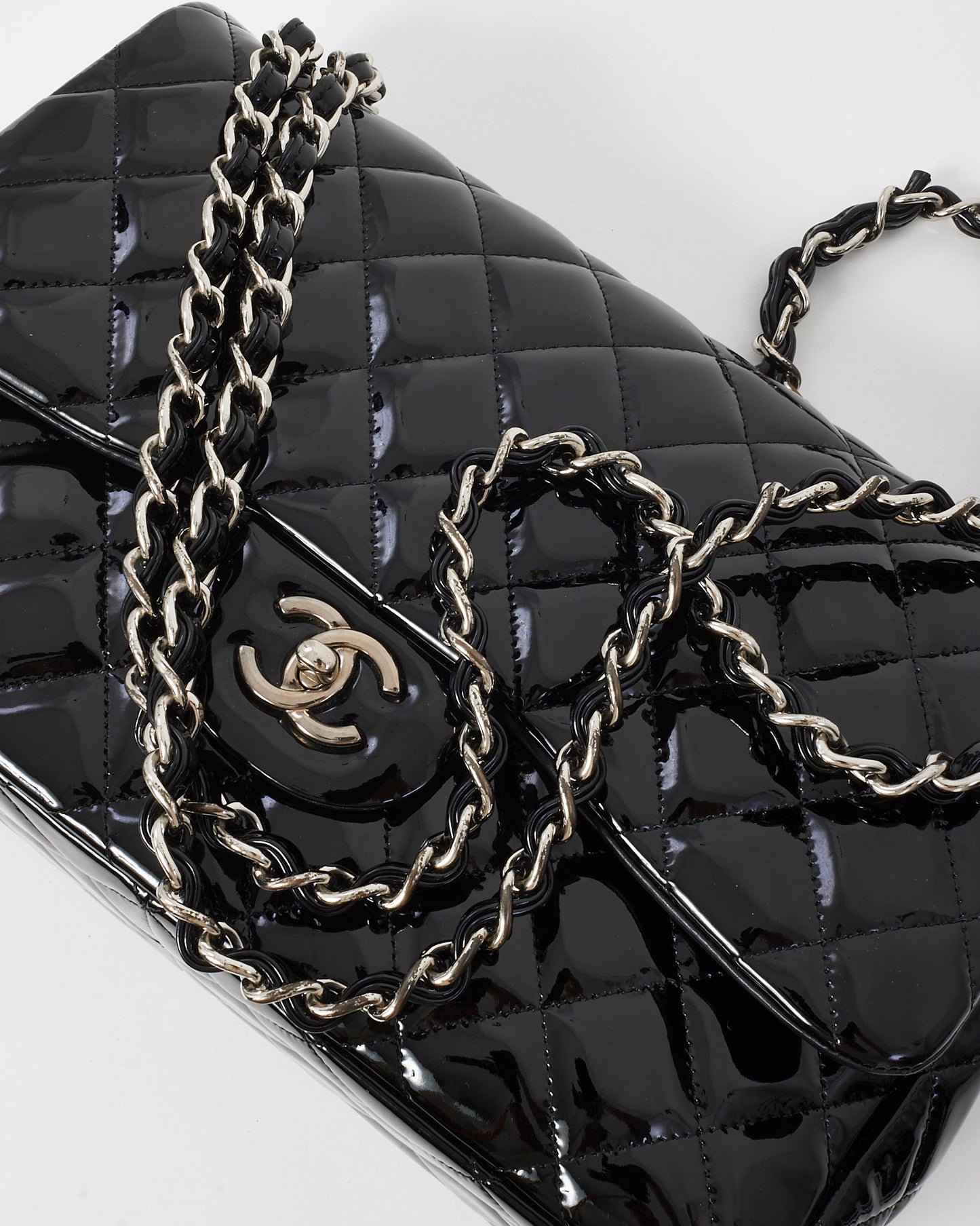 Chanel Black Quilted Patent Leather Jumbo Double Flap Bag SHW