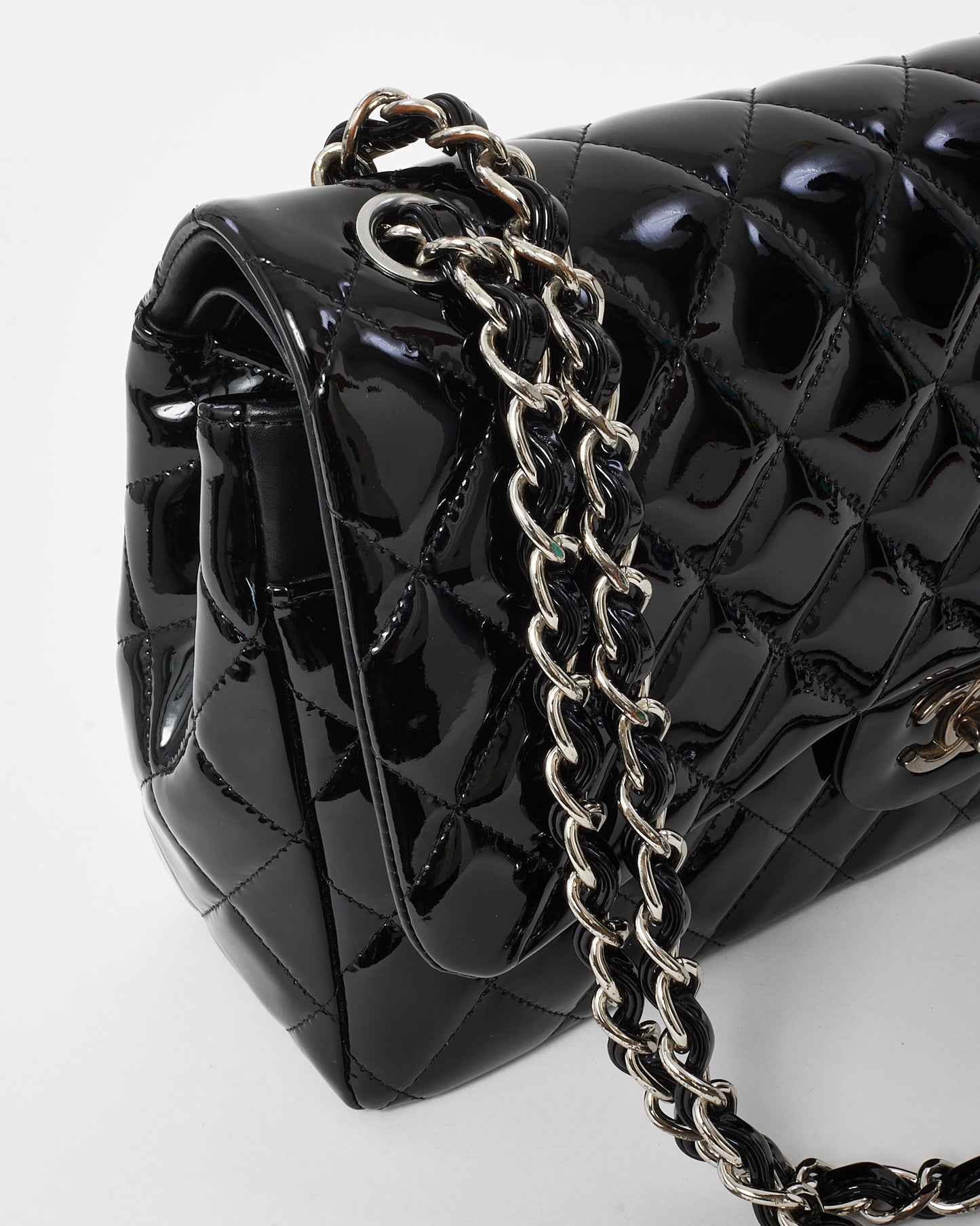 Chanel Black Quilted Patent Leather Jumbo Double Flap Bag SHW