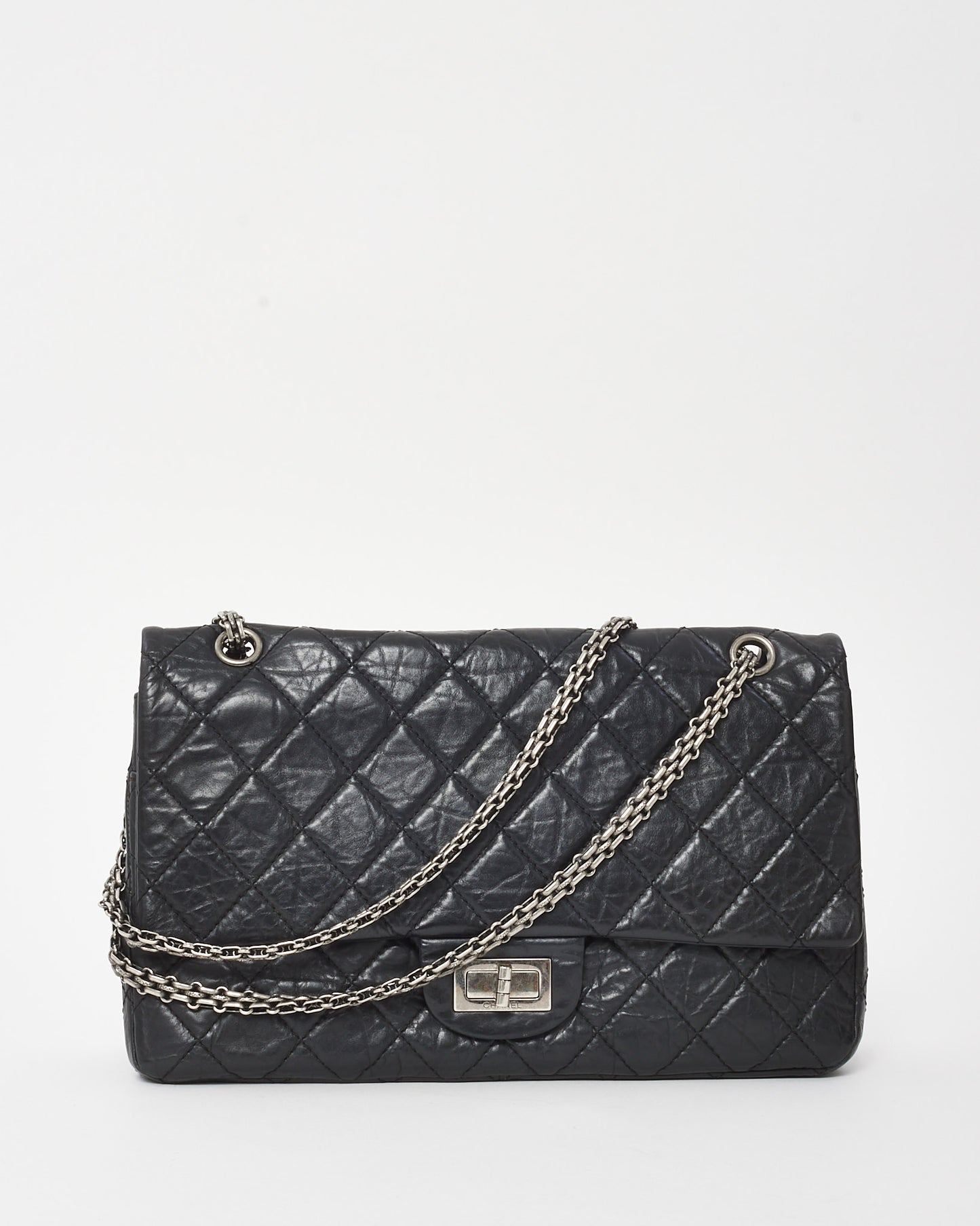 Chanel Black Aged Calfskin Quilted 2.55 Reissue 227 Double Flap Bag SHW
