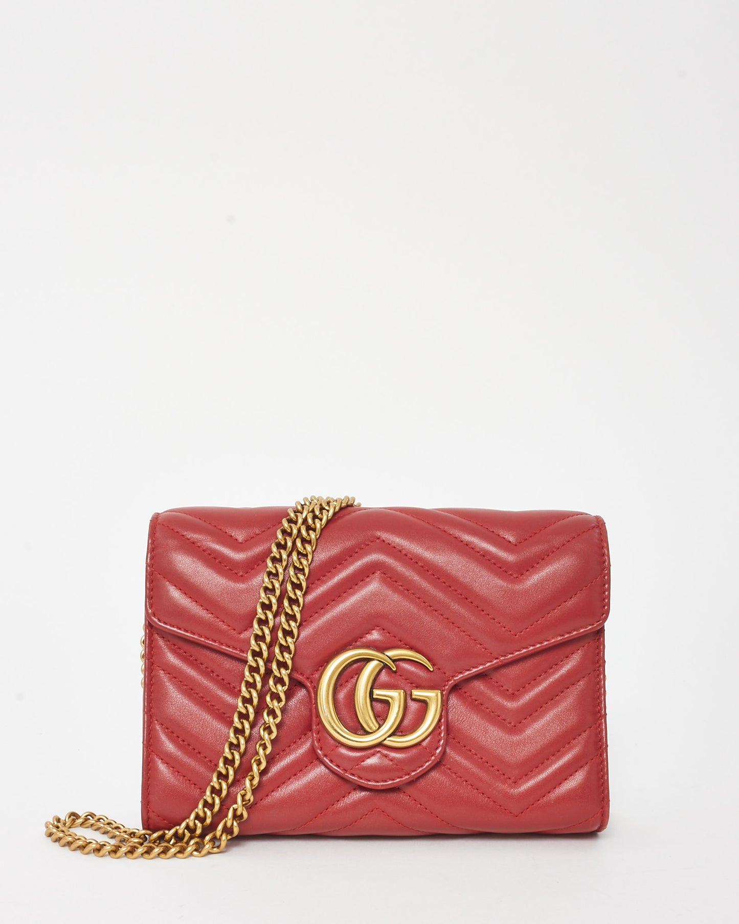 Gucci Red Chevron Leather GG Marmont (WOC) Wallet On Chain Crossbody Bag