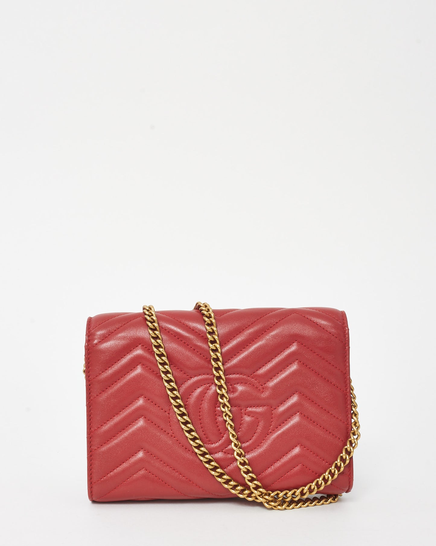Gucci Red Chevron Leather GG Marmont (WOC) Wallet On Chain Crossbody Bag