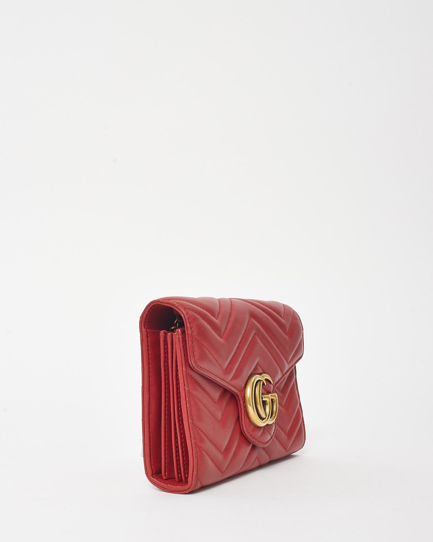 Gucci Red Chevron Leather GG Marmont (WOC) Wallet On Chain Crossbody Bag
