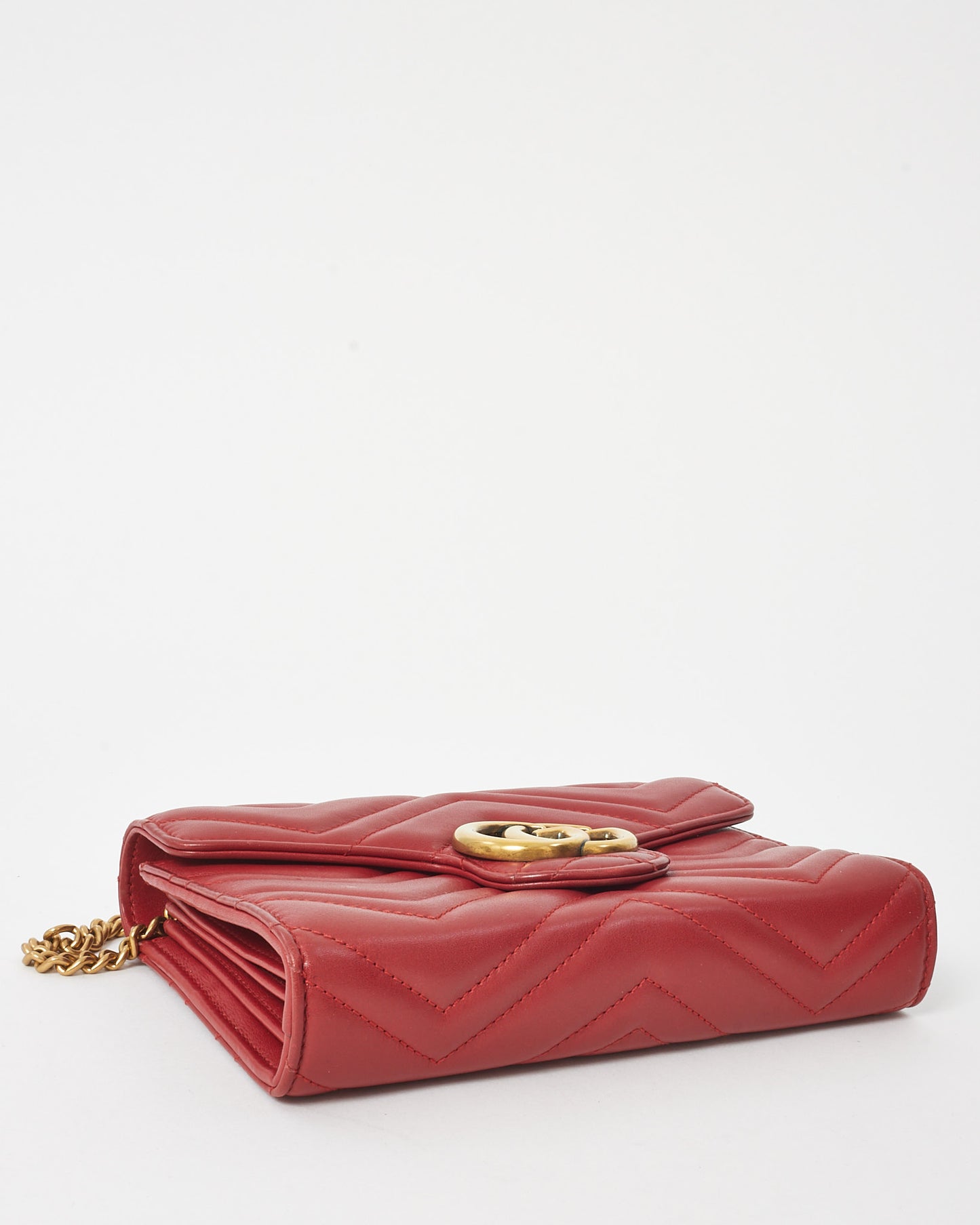 Gucci Red Chevron Leather GG Marmont (WOC) Wallet On Chain Crossbody Bag