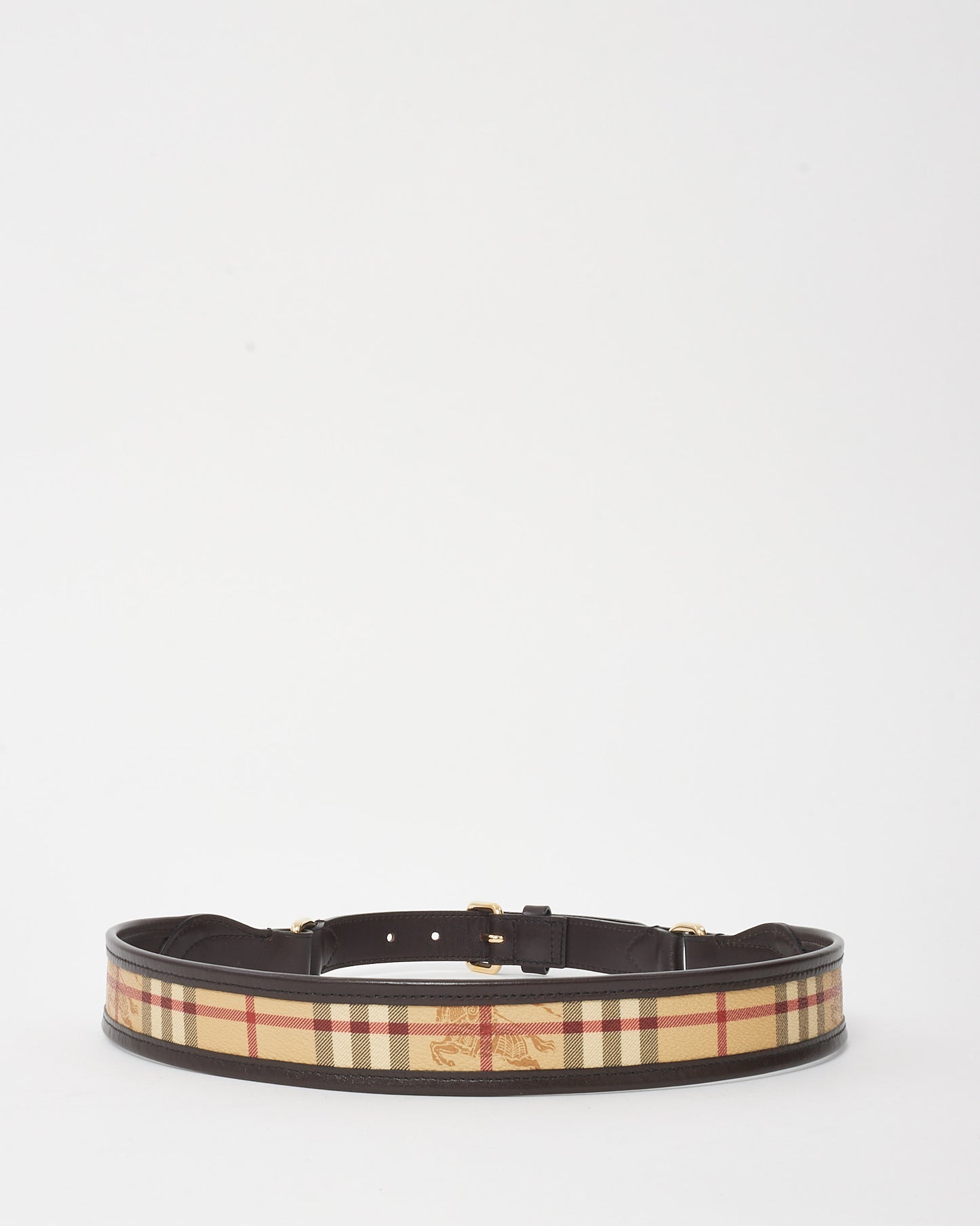 Burberry Brown Trim Beige Haymarket Check Gold Buckle Belt - 90/36