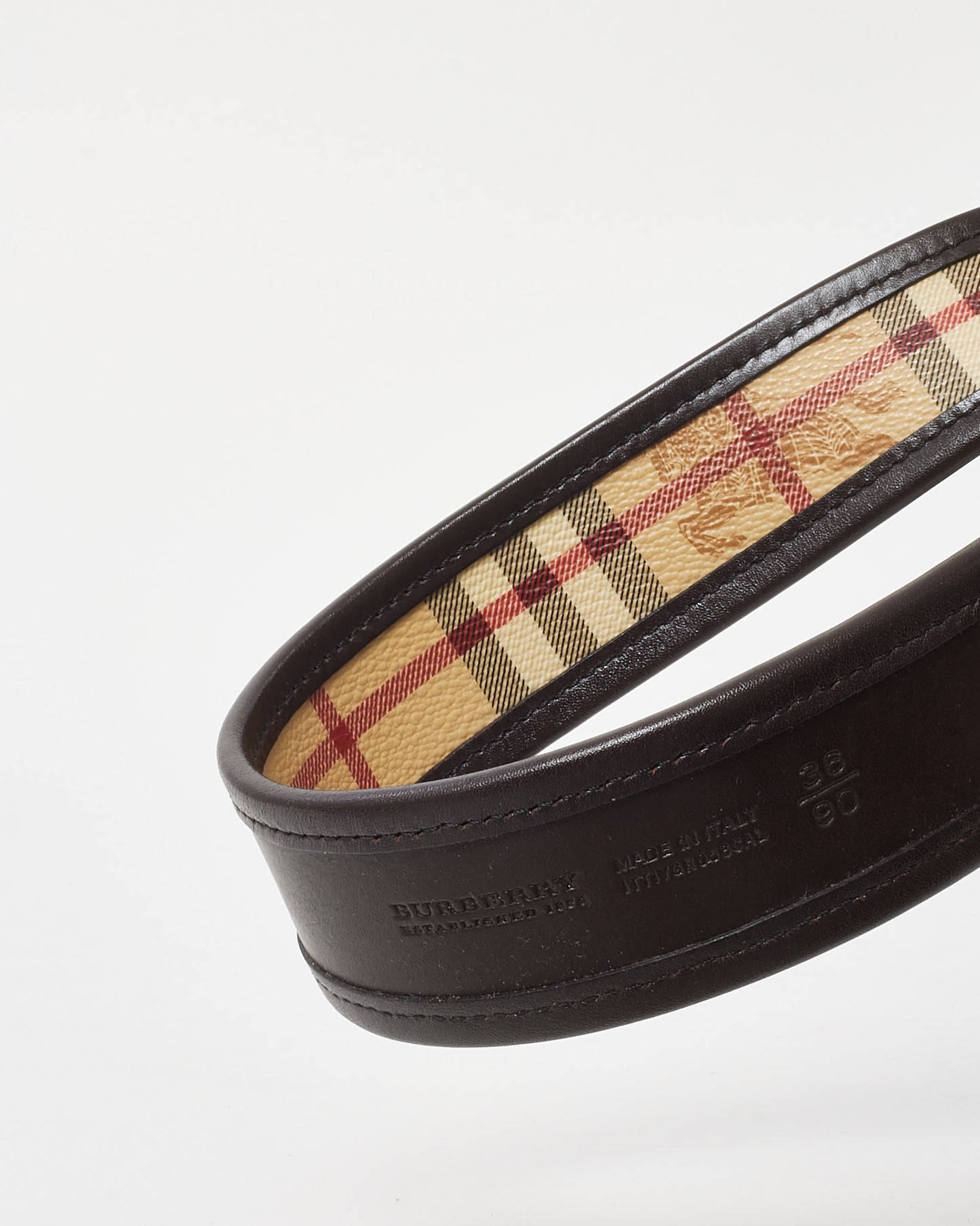 Burberry Brown Trim Beige Haymarket Check Gold Buckle Belt - 90/36