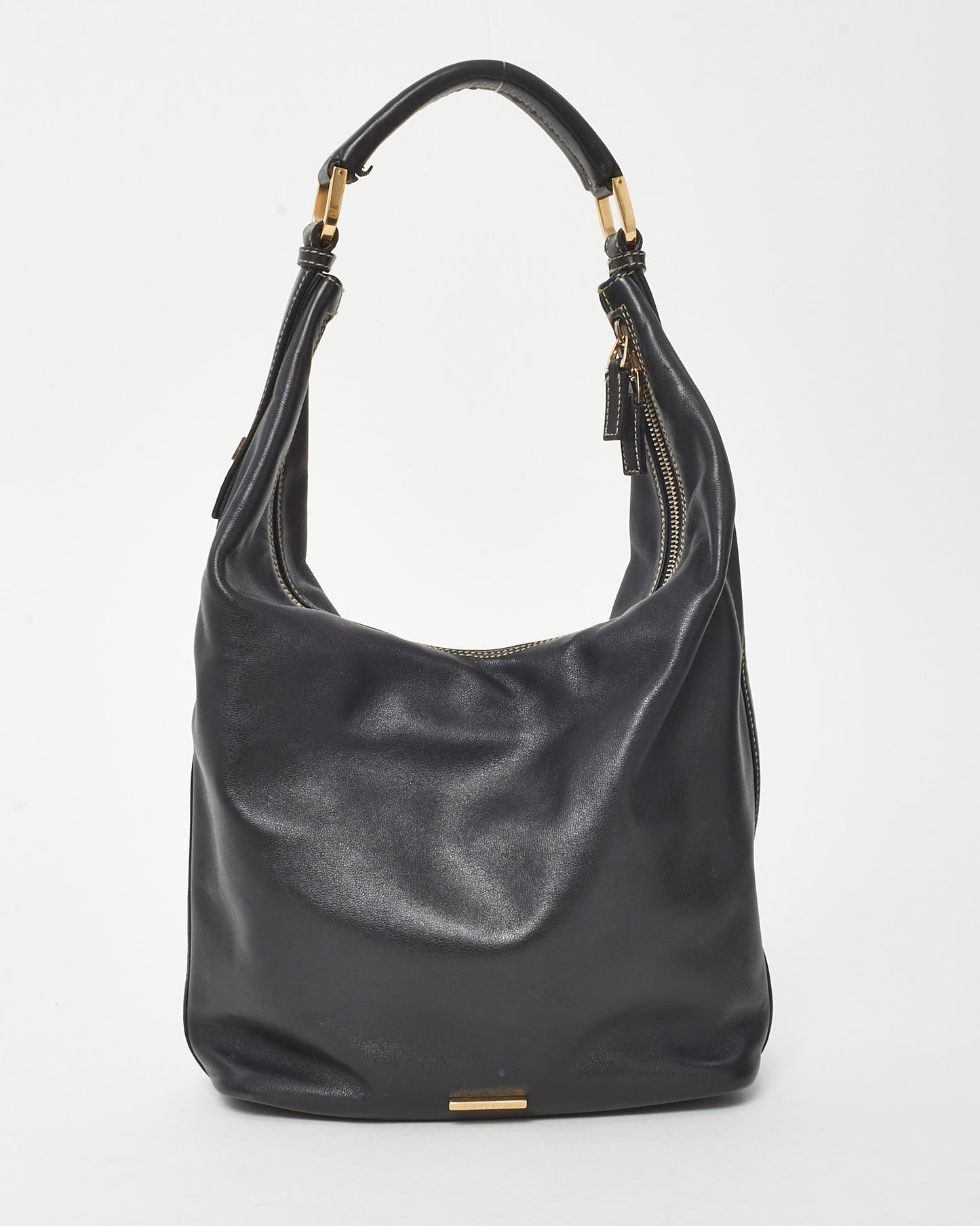 Gucci Vintage Black Leather Zip Hobo Shoulder Bag