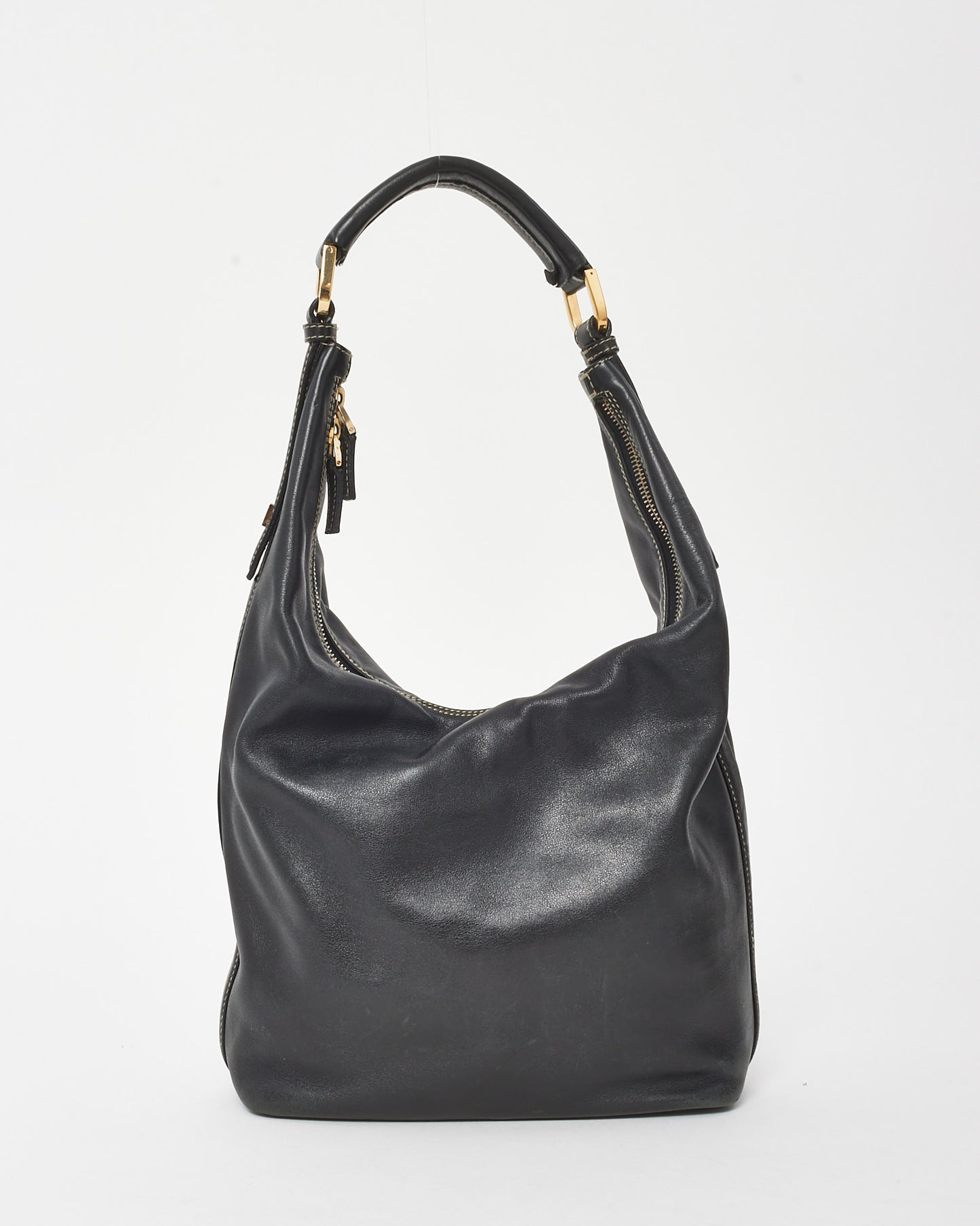 Gucci Vintage Black Leather Zip Hobo Shoulder Bag
