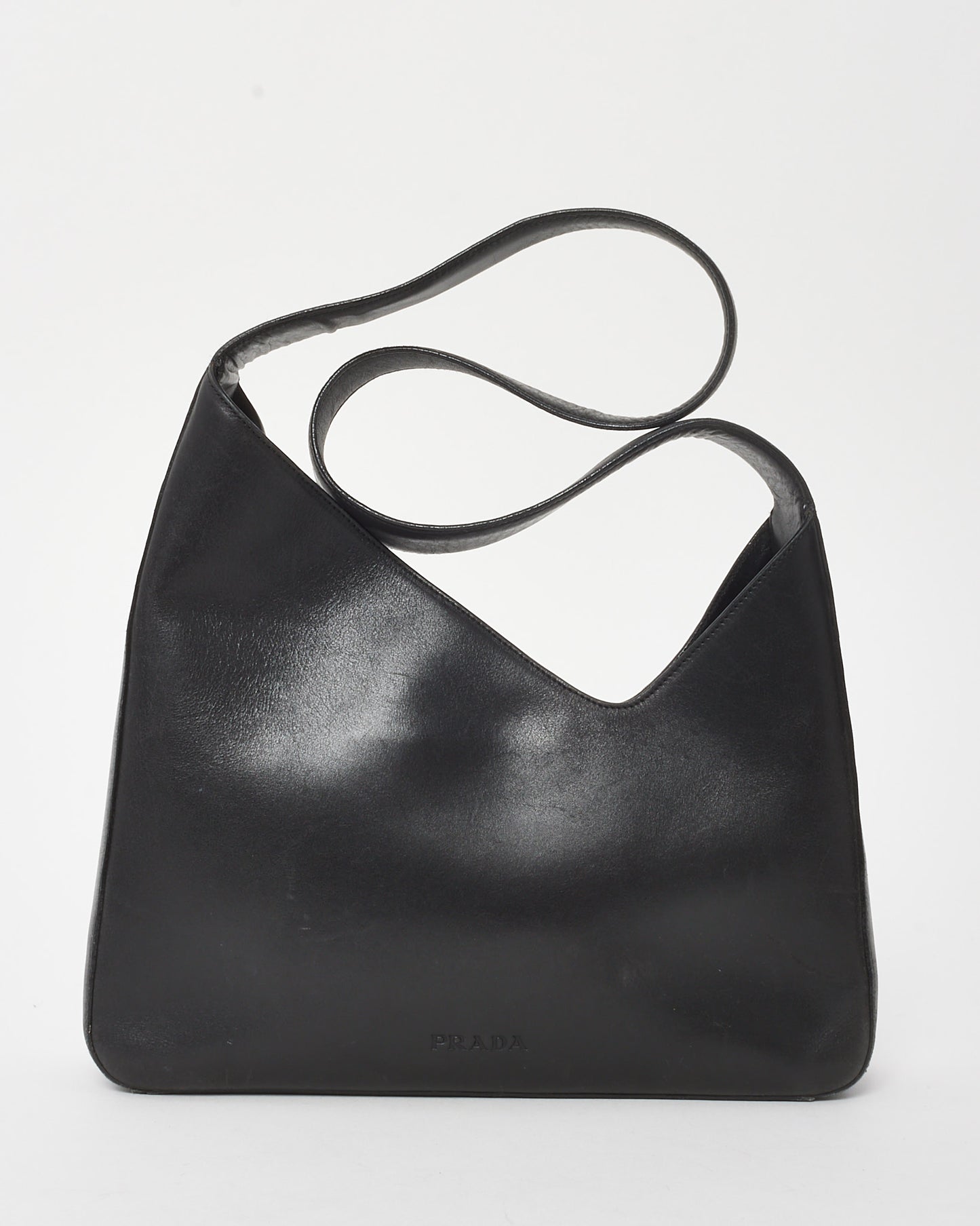 Prada Vintage Black Leather Logo Asymmetrical Shoulder Bag