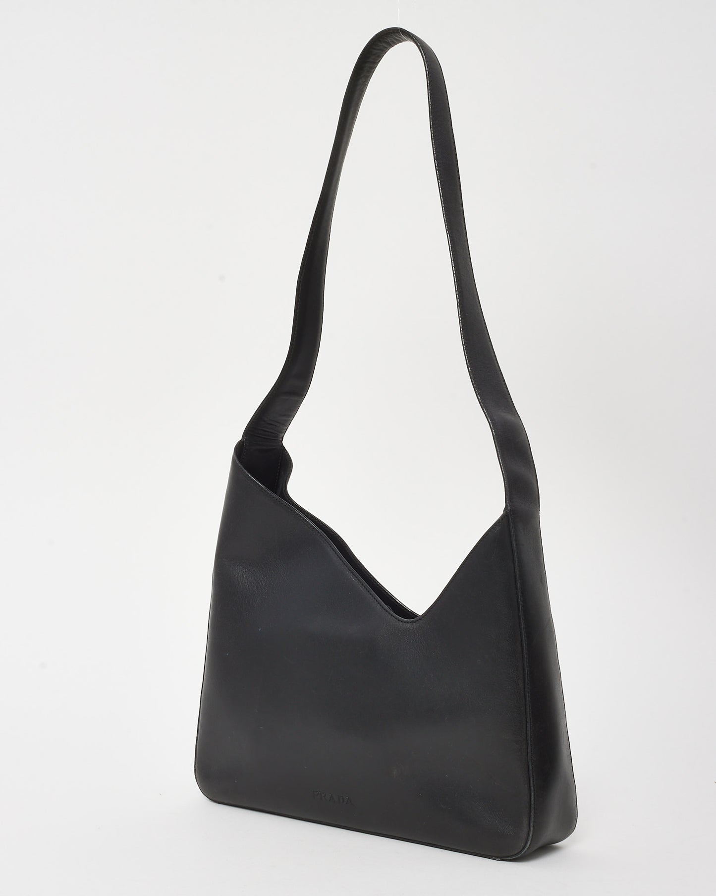 Prada Vintage Black Leather Logo Asymmetrical Shoulder Bag
