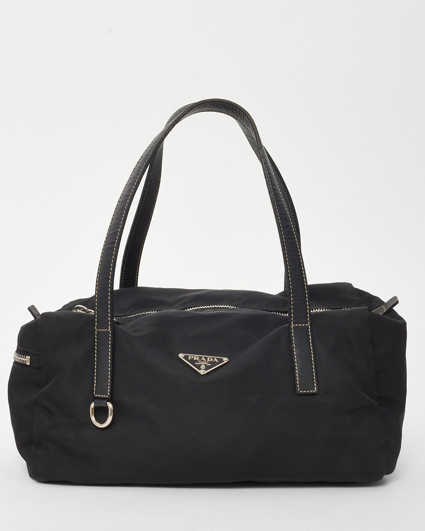 Prada Black Leather Trim Nylon Tessuto Bauletto Bowler Bag