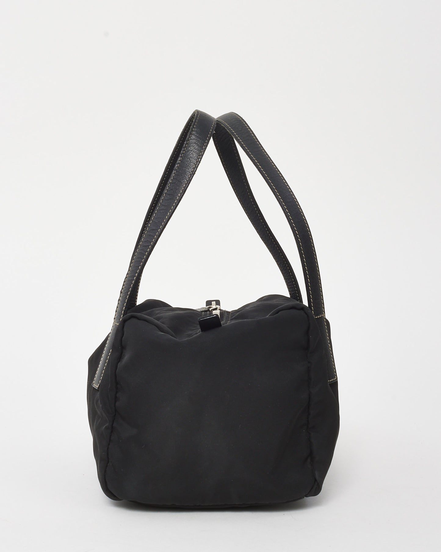 Prada Black Leather Trim Nylon Tessuto Bauletto Bowler Bag