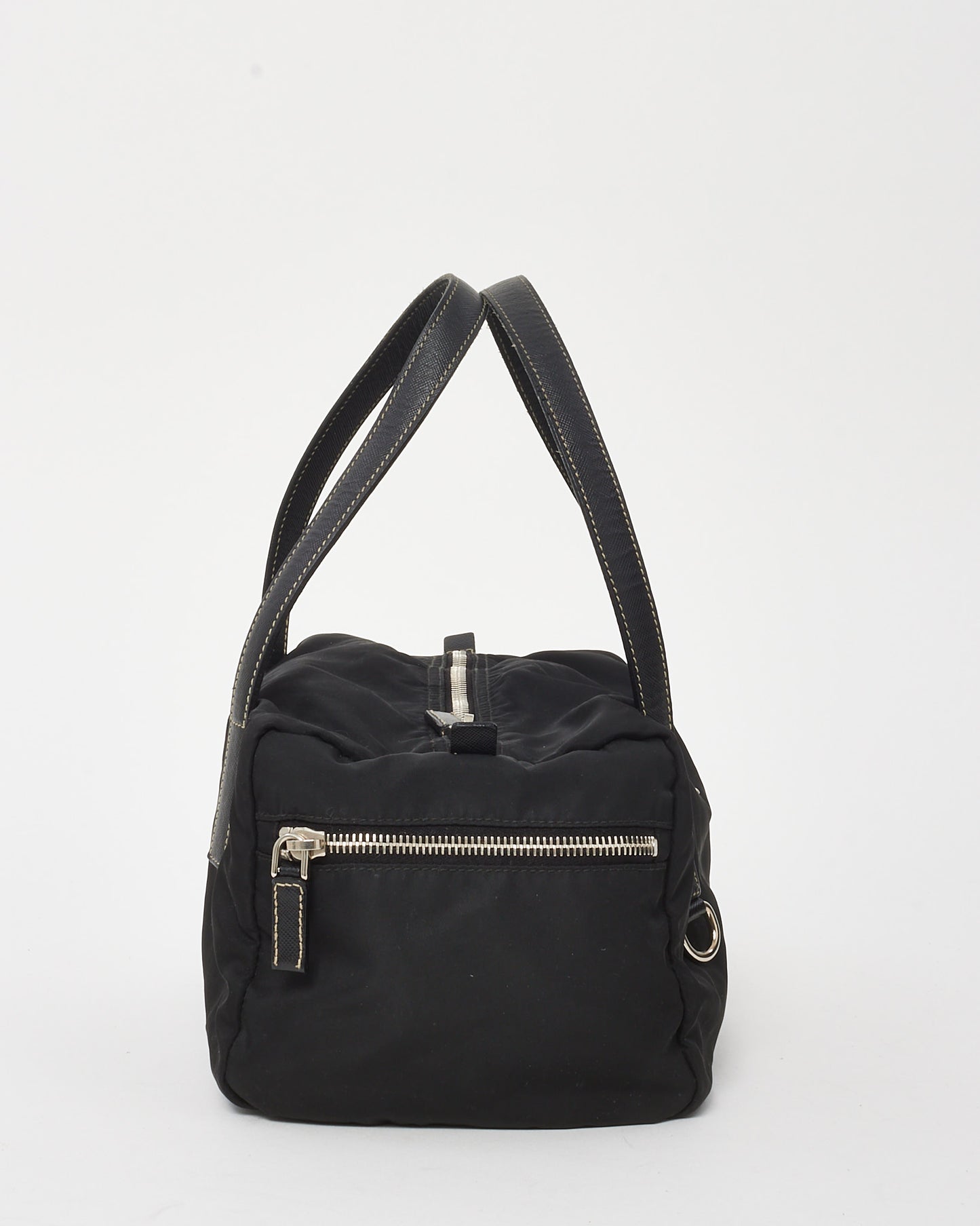 Prada Black Leather Trim Nylon Tessuto Bauletto Bowler Bag