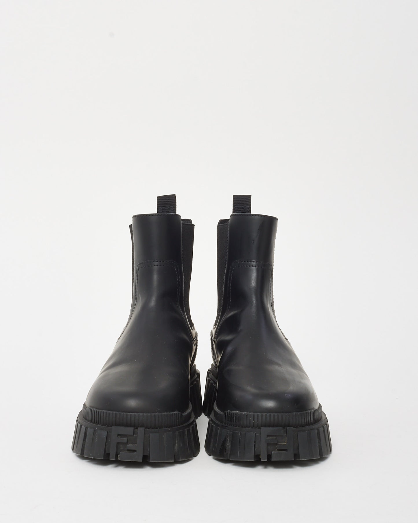 Fendi Black Leather Zucca FF Logo Lug Sole Chelsea Boots - 41