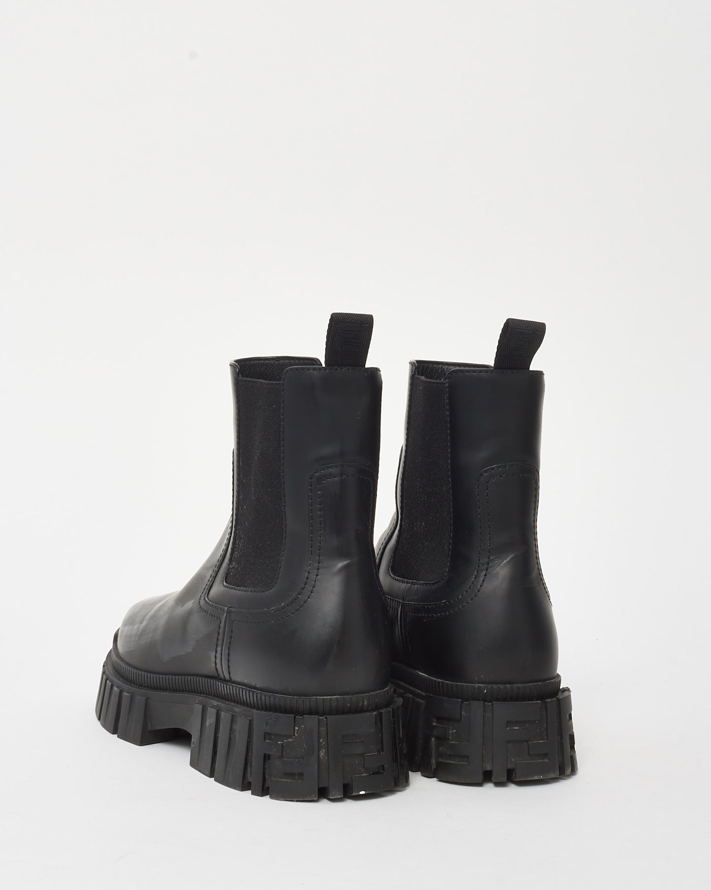 Fendi Black Leather Zucca FF Logo Lug Sole Chelsea Boots - 41