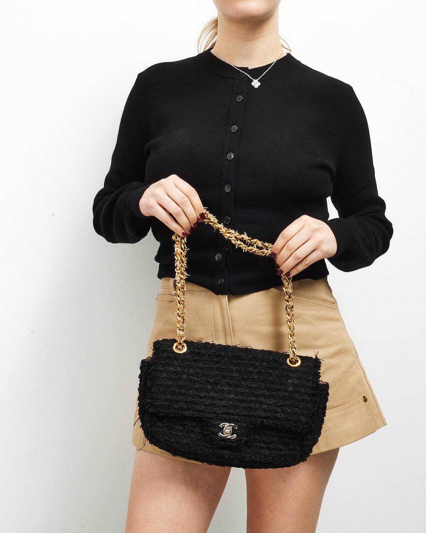 Chanel Black Tweed Medium Classic Single Flap Bag GHW