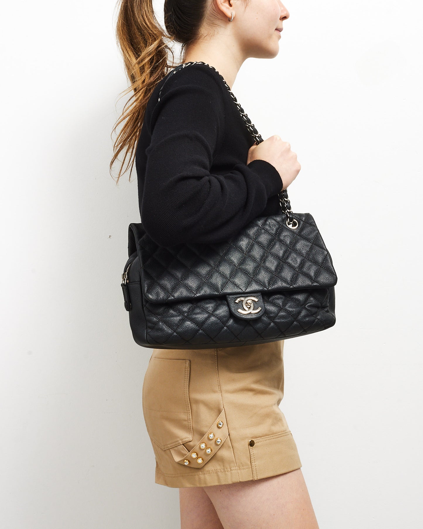 Chanel Black Quilted Caviar Leather Jumbo Easy Flap Bag SHW