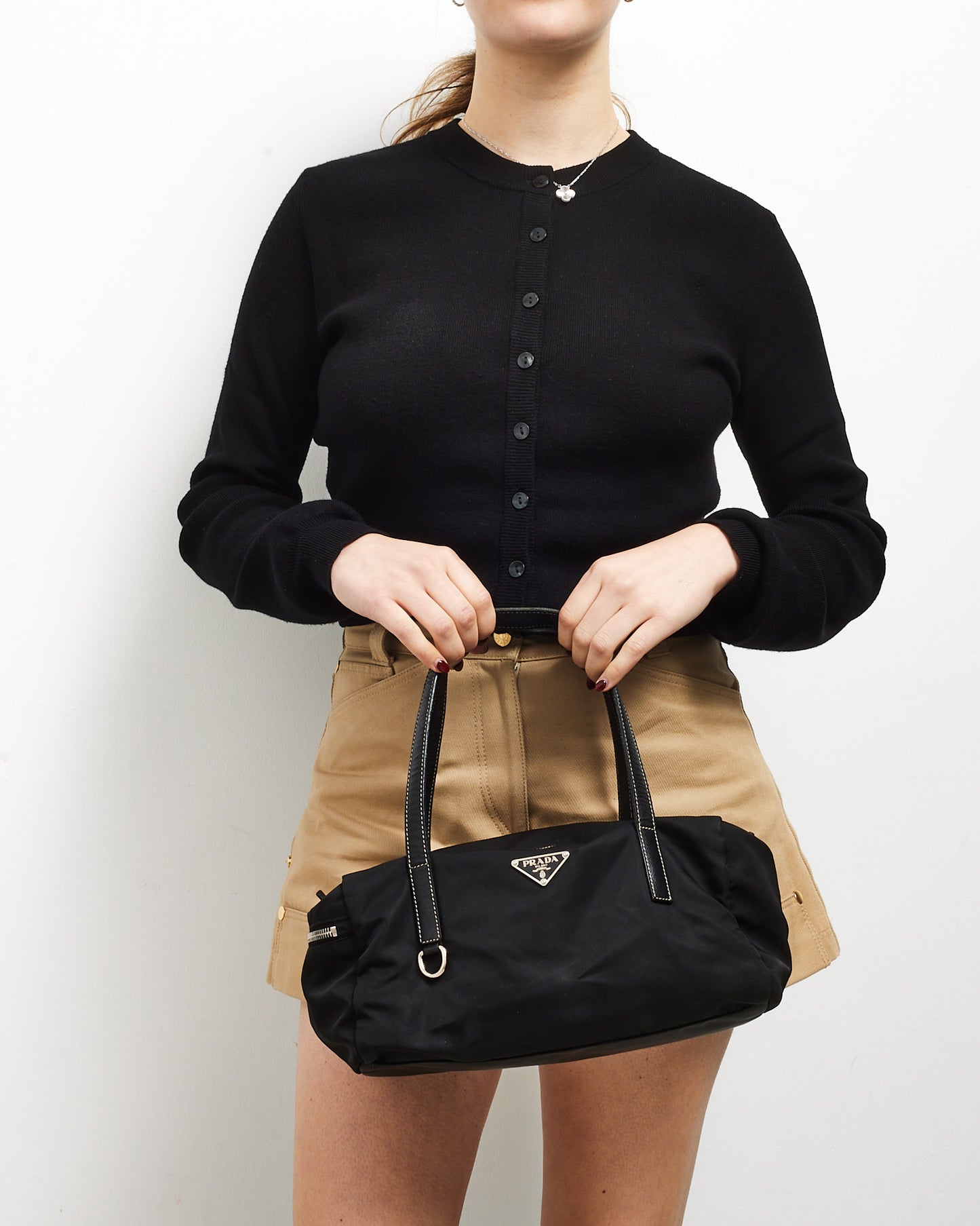 Prada Black Leather Trim Nylon Tessuto Bauletto Bowler Bag