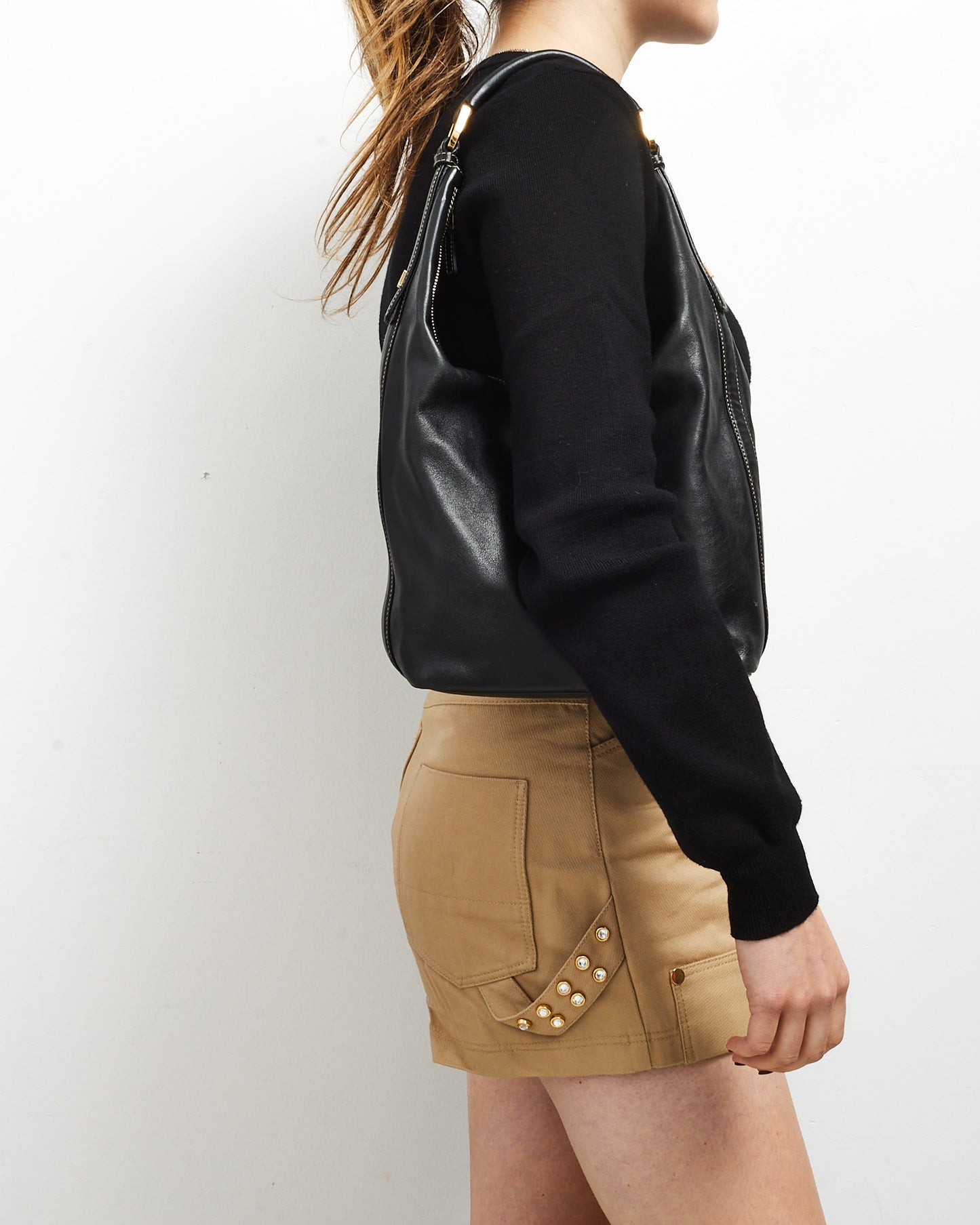 Gucci Vintage Black Leather Zip Hobo Shoulder Bag