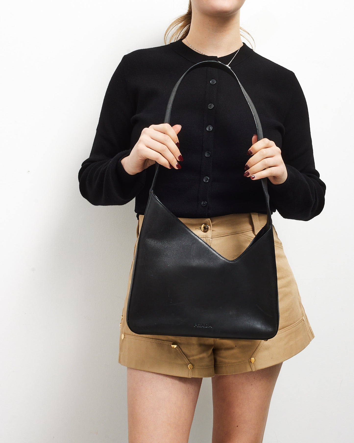 Prada Vintage Black Leather Logo Asymmetrical Shoulder Bag