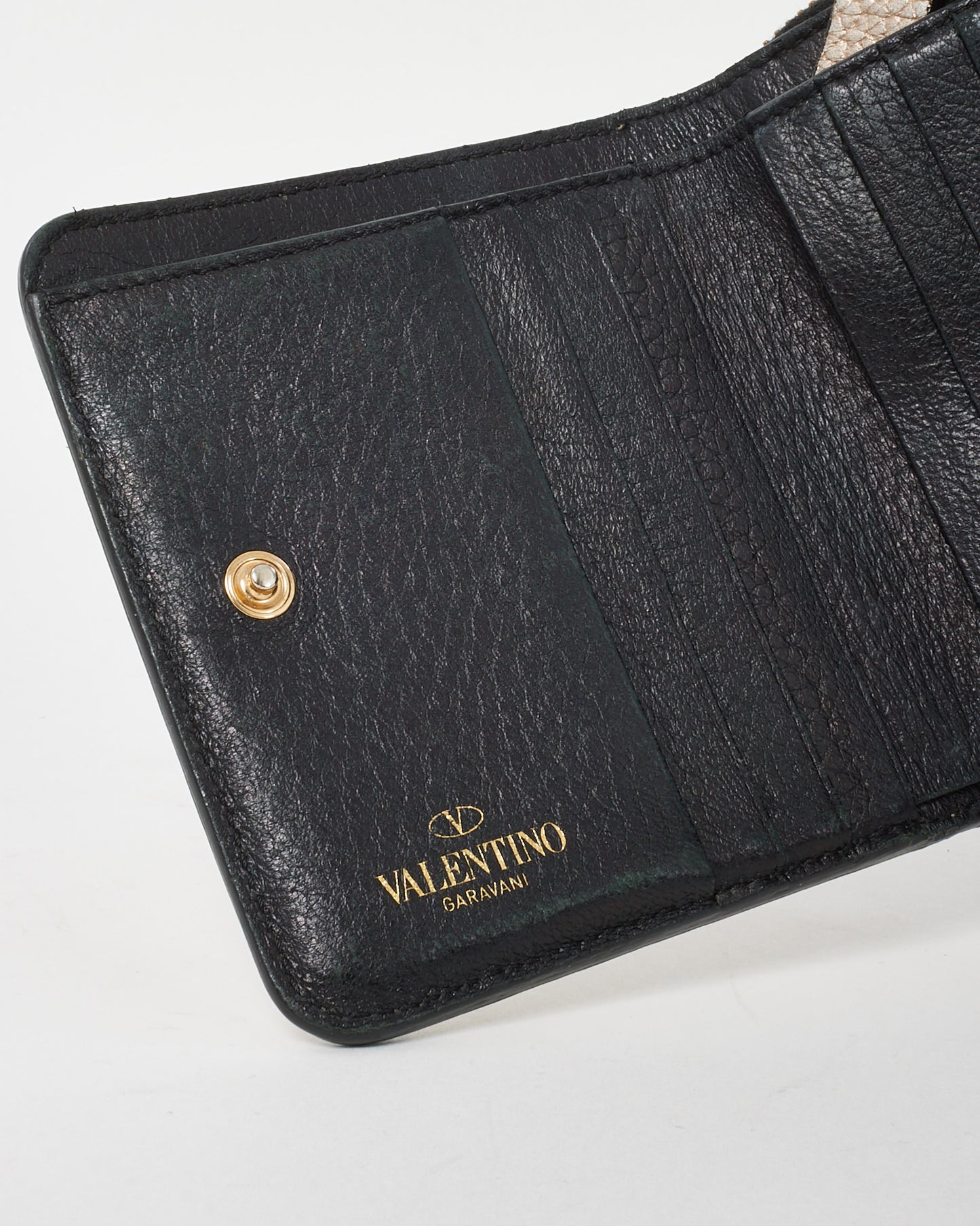 Valentino Metallic Gold Pebbled Leather Rockstud Zippy Compact Wallet