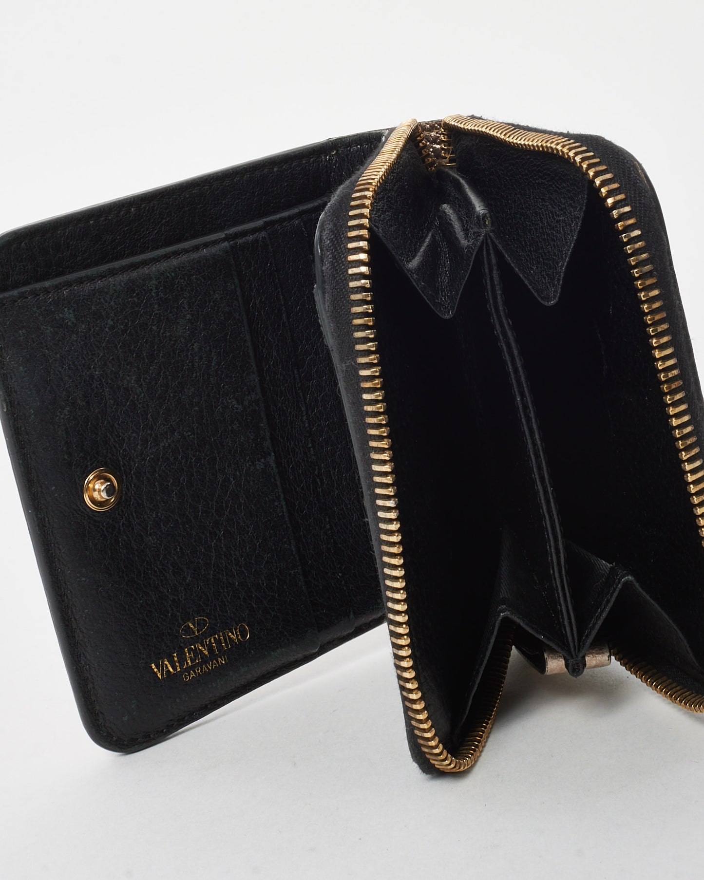 Valentino Metallic Gold Pebbled Leather Rockstud Zippy Compact Wallet