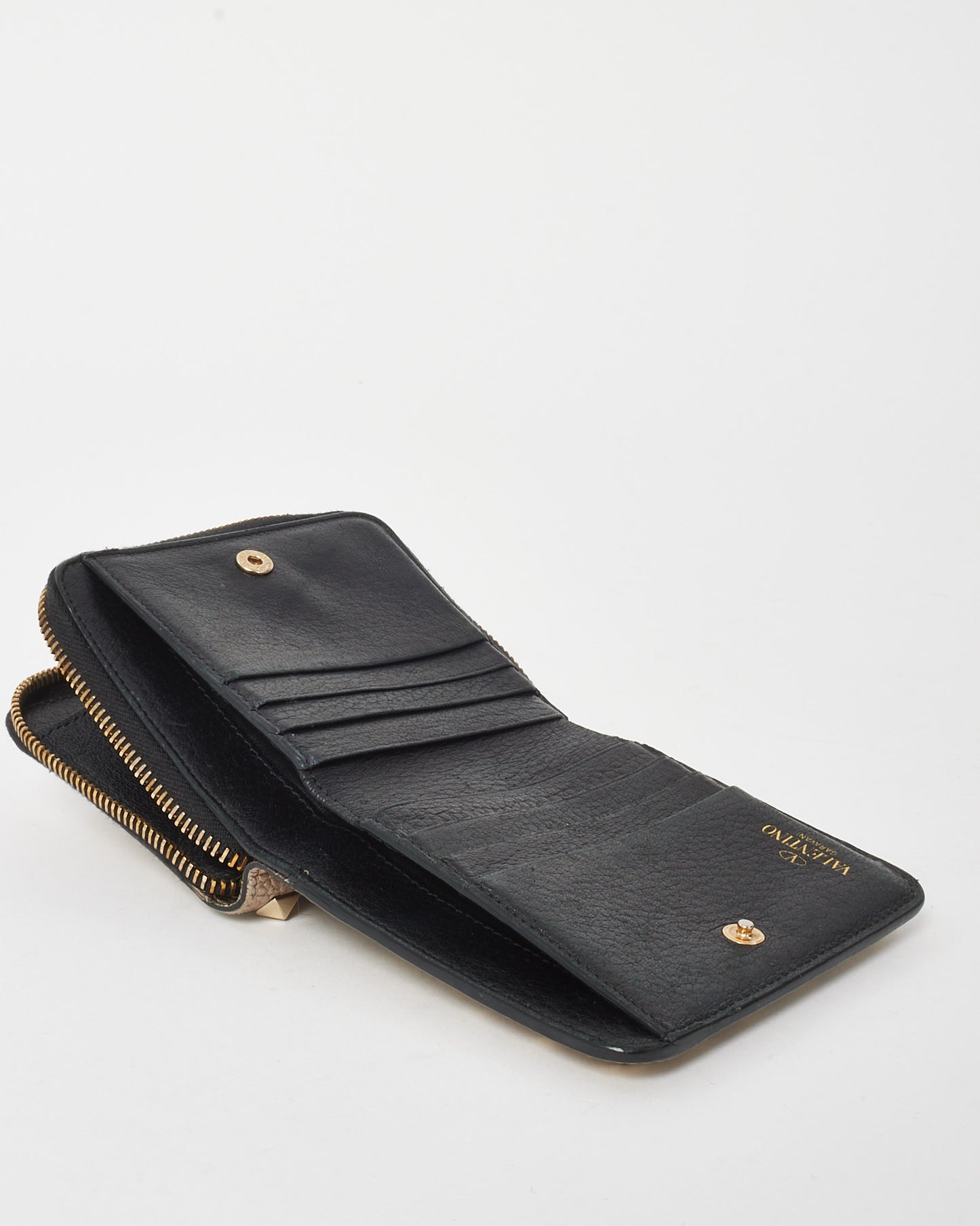 Valentino Metallic Gold Pebbled Leather Rockstud Zippy Compact Wallet