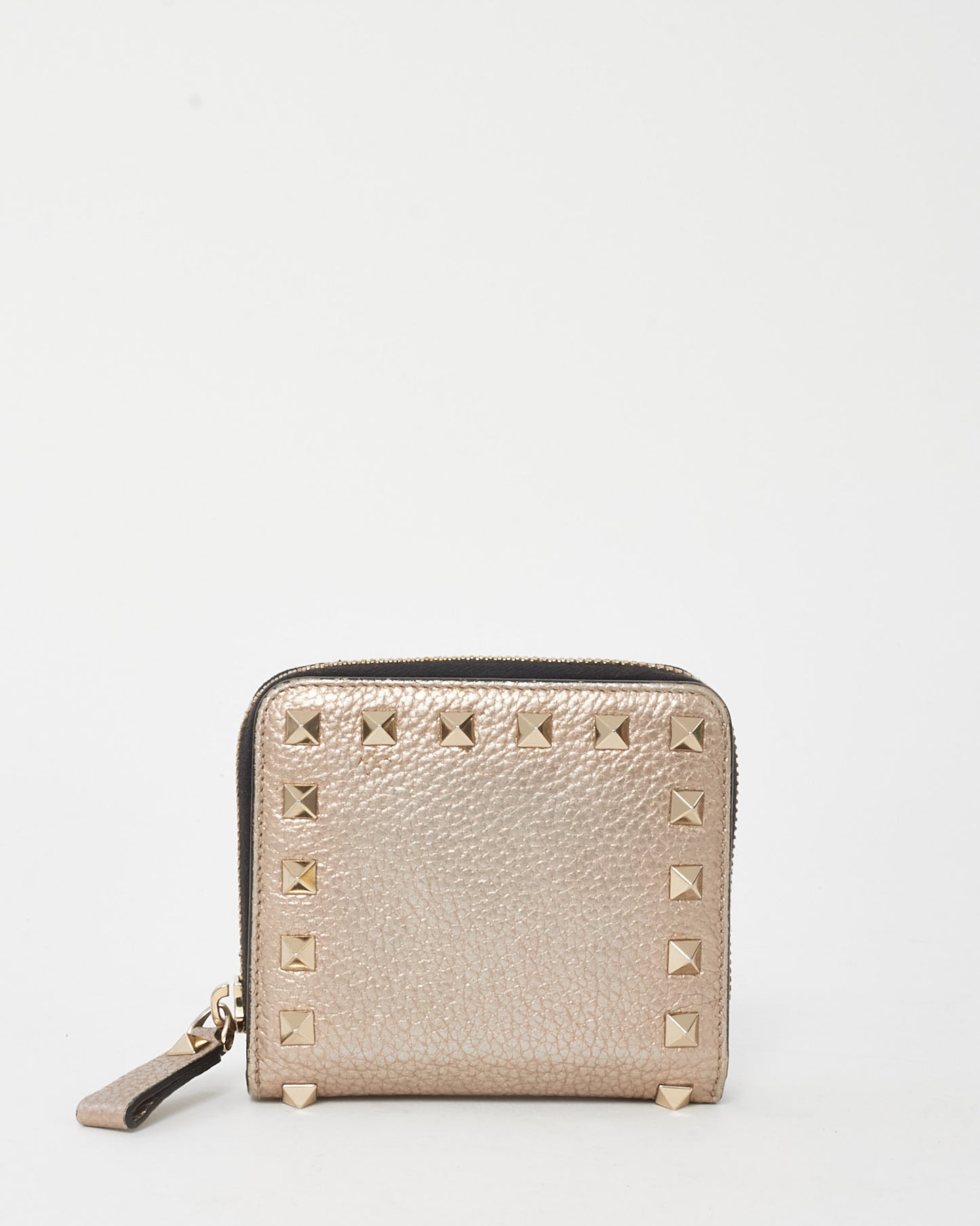 Valentino Metallic Gold Pebbled Leather Rockstud Zippy Compact Wallet