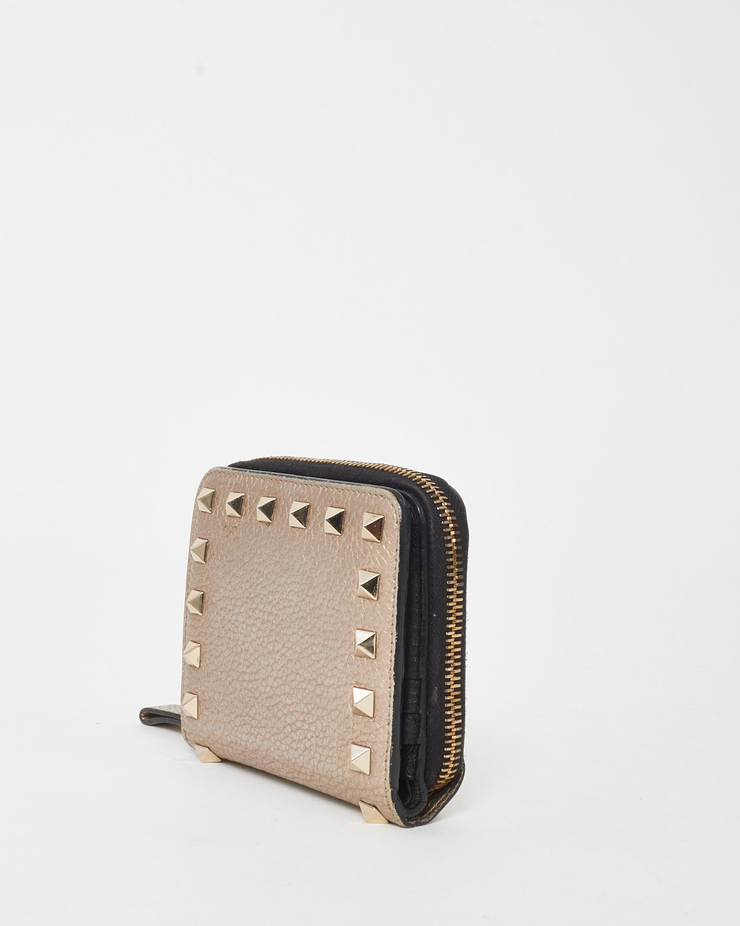 Valentino Metallic Gold Pebbled Leather Rockstud Zippy Compact Wallet