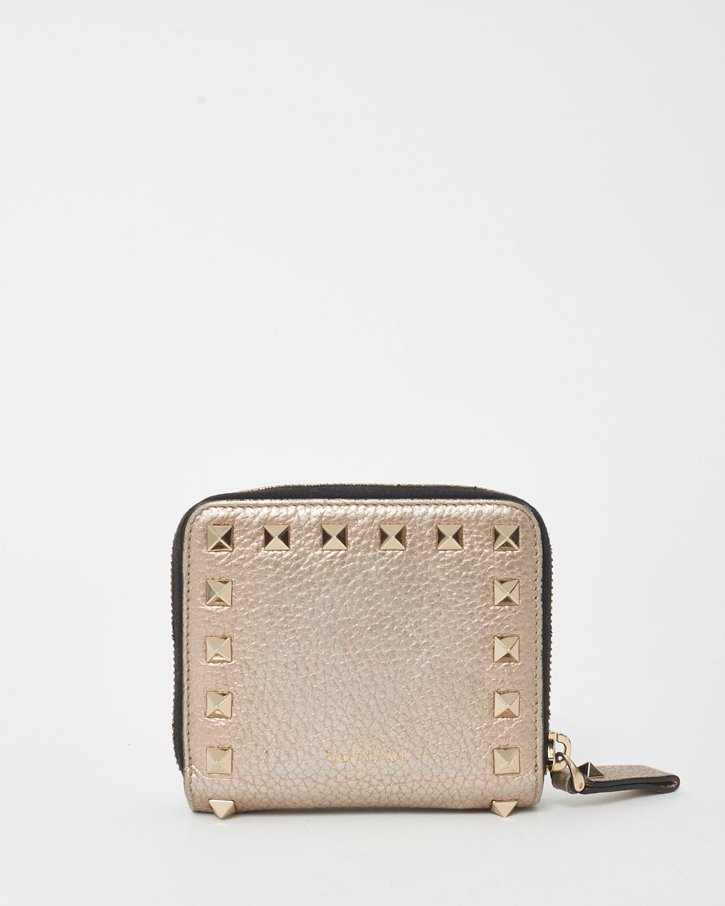 Valentino Metallic Gold Pebbled Leather Rockstud Zippy Compact Wallet