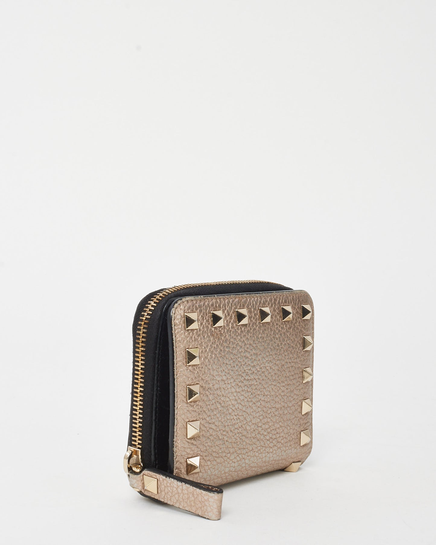 Valentino Metallic Gold Pebbled Leather Rockstud Zippy Compact Wallet