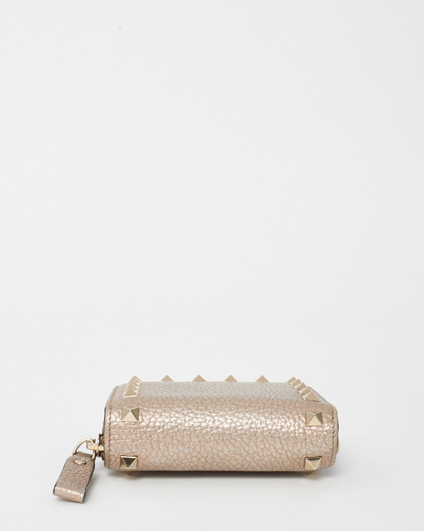 Valentino Metallic Gold Pebbled Leather Rockstud Zippy Compact Wallet