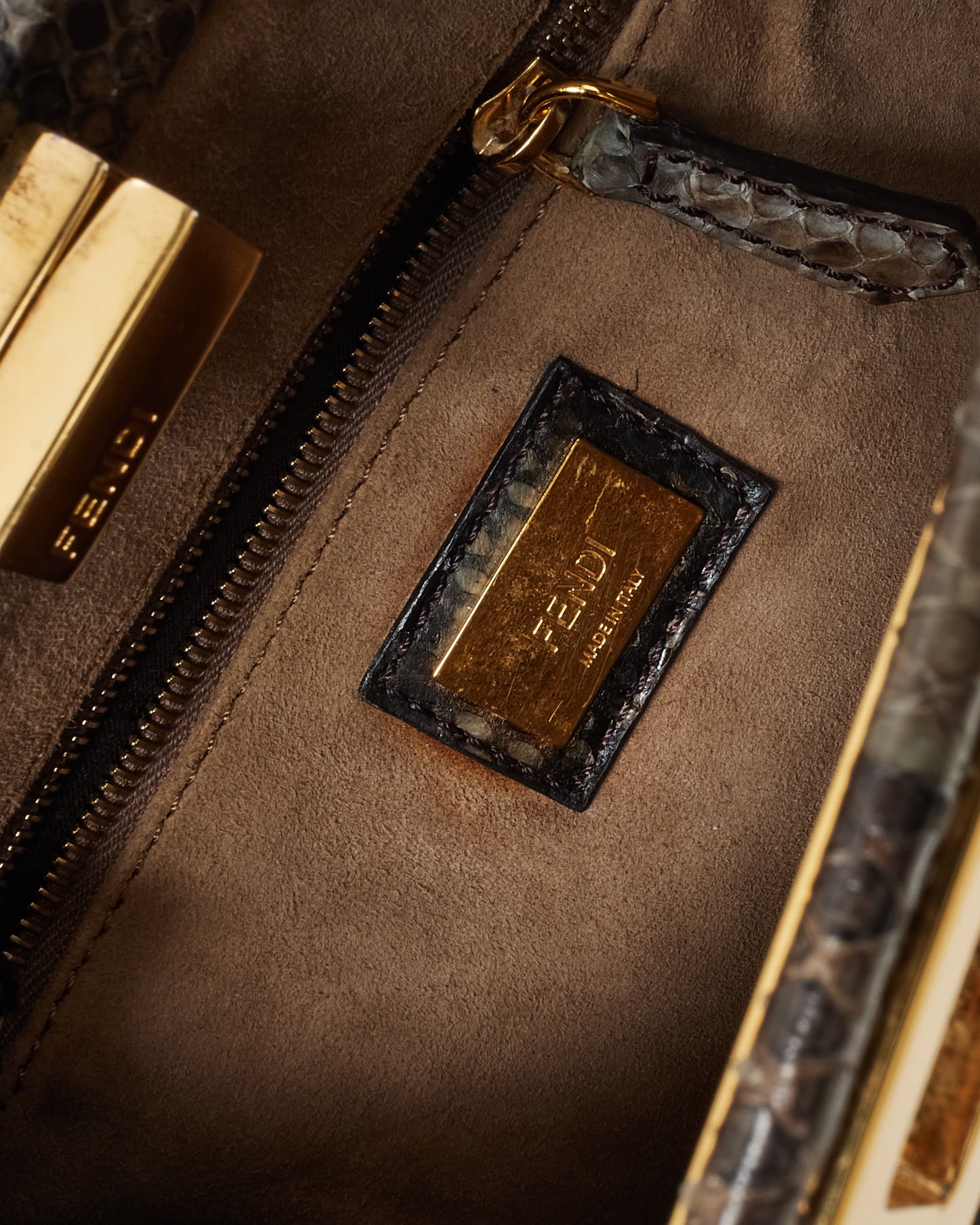 Fendi Grey Asfalto Nocciola Python Snakeskin Camoscio Mini Peekaboo Bag