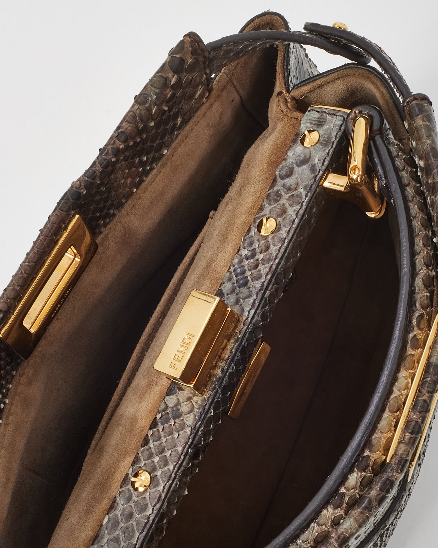 Fendi Grey Asfalto Nocciola Python Snakeskin Camoscio Mini Peekaboo Bag